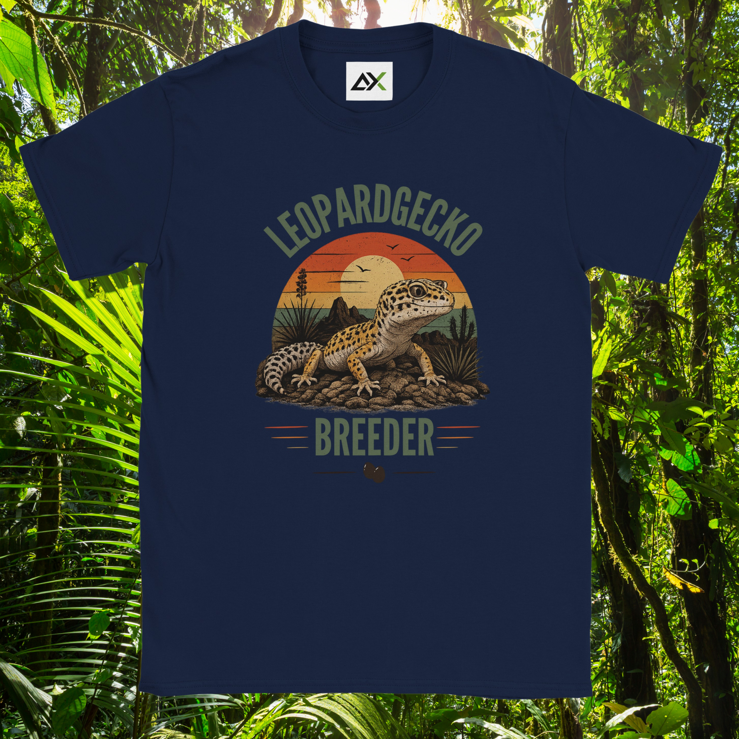 Navy Leopard Gecko Breeder shirt with retro sunset design