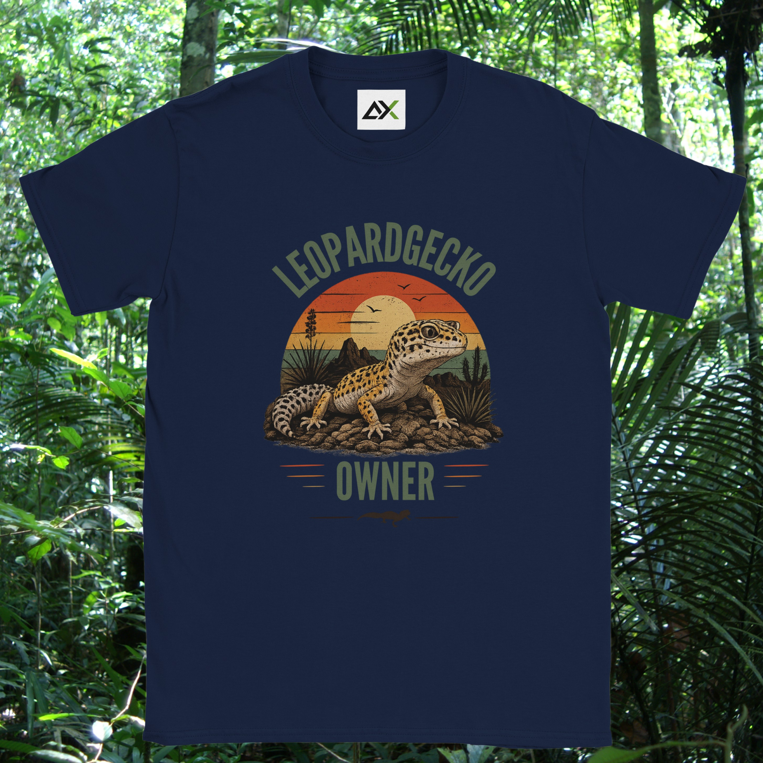 Navy Leopard Gecko Owner shirt with retro sunset design