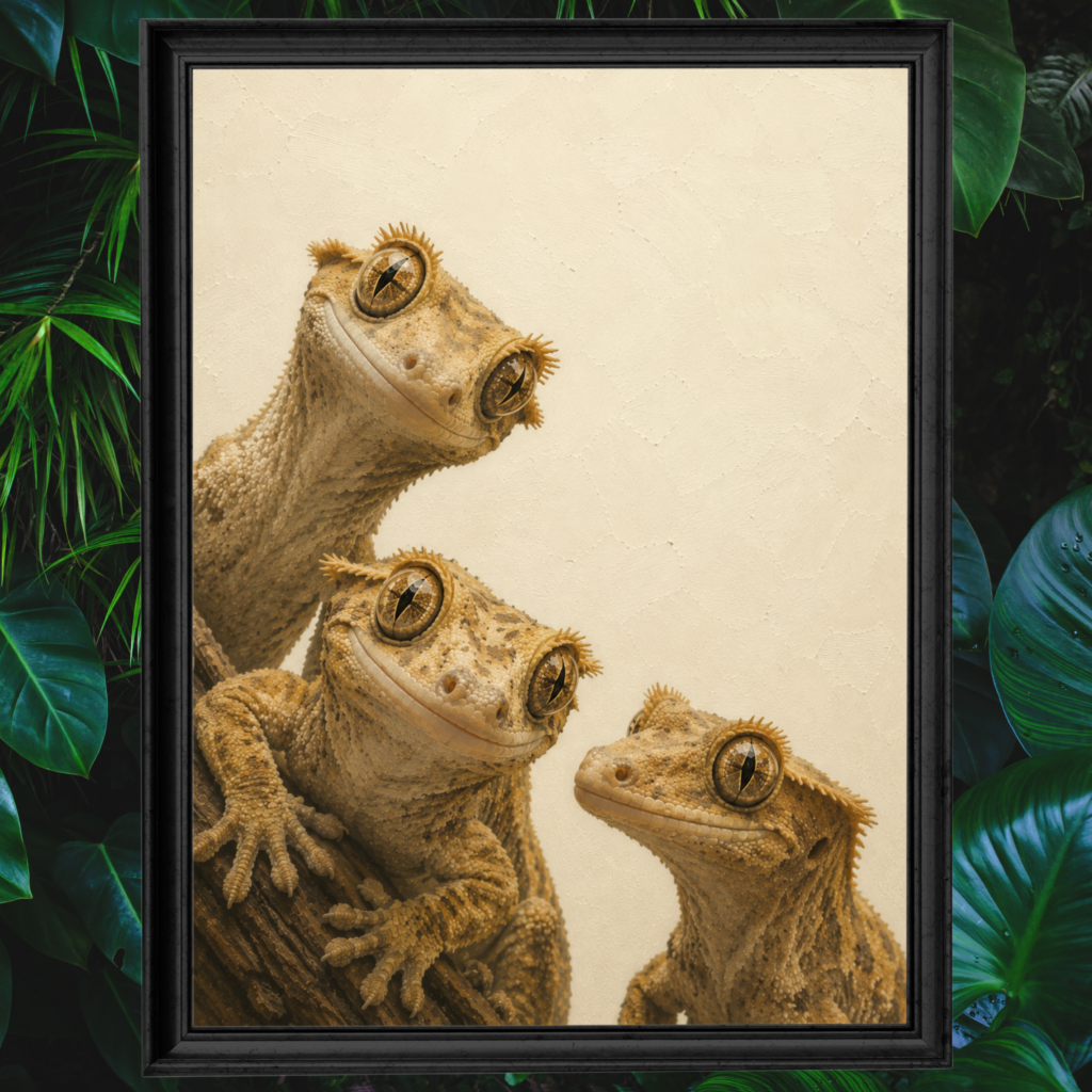 Artistic poster showing three crested geckos with distinctive large eyes
