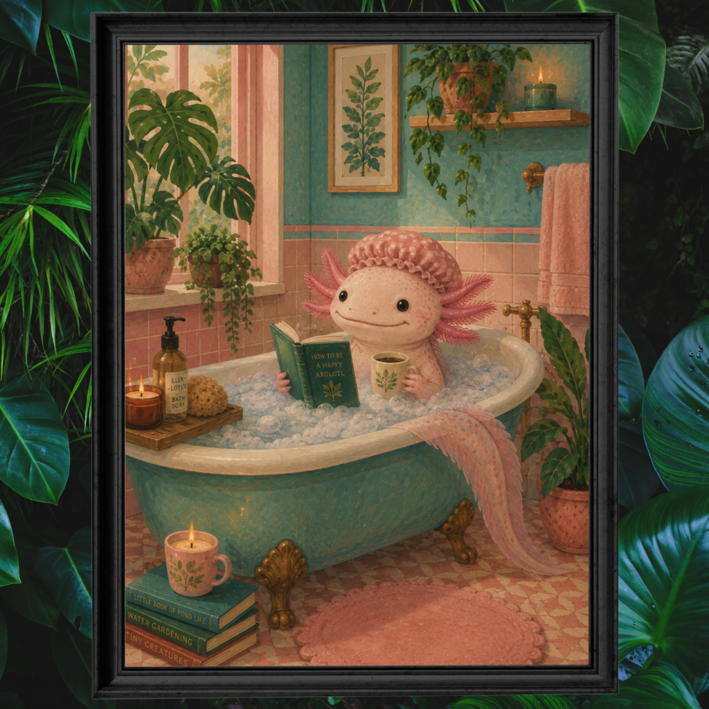 Cute axolotl relaxing in a bathtub while reading a book and drinking coffee