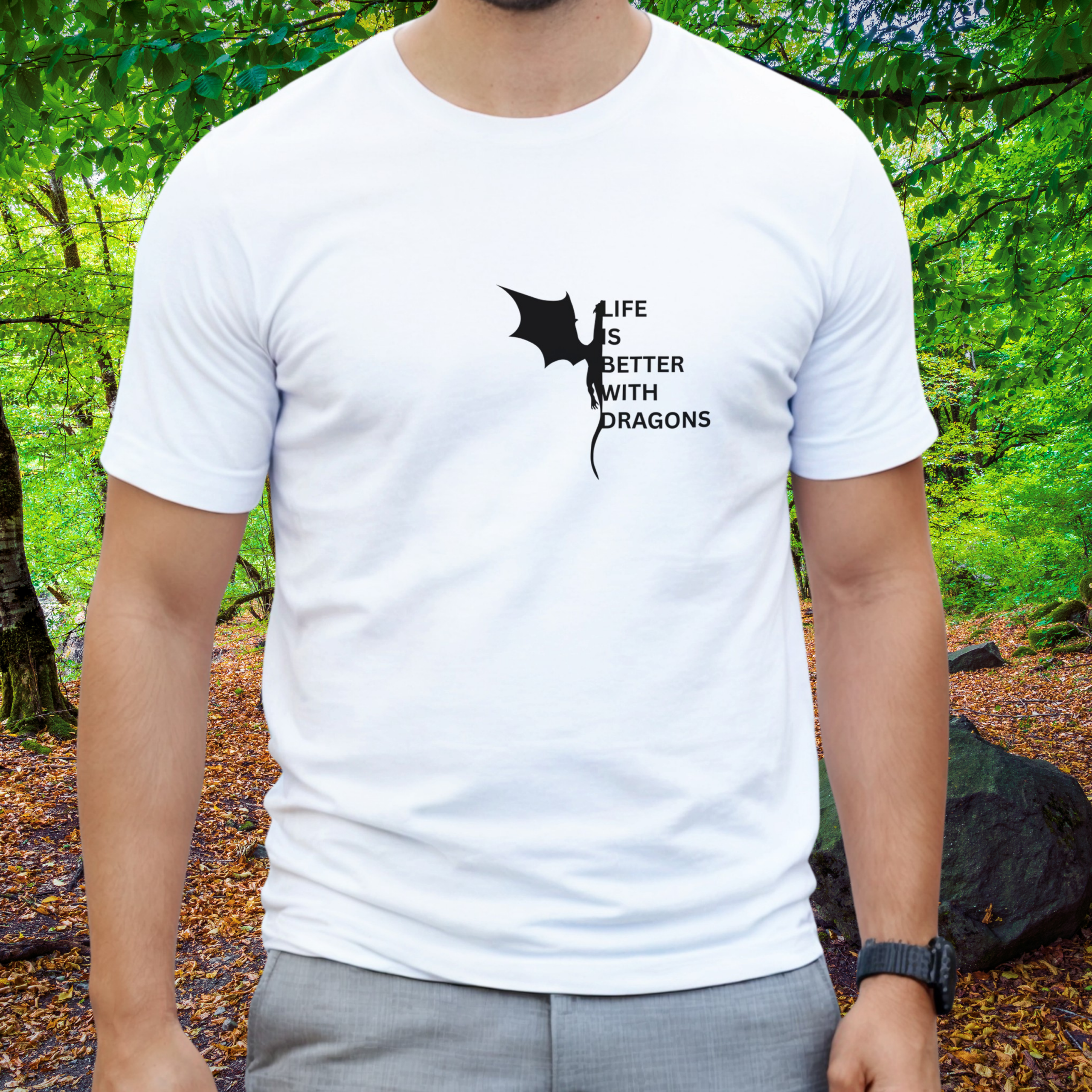Man wearing a white Dragons shirt from the Life is better Collection
