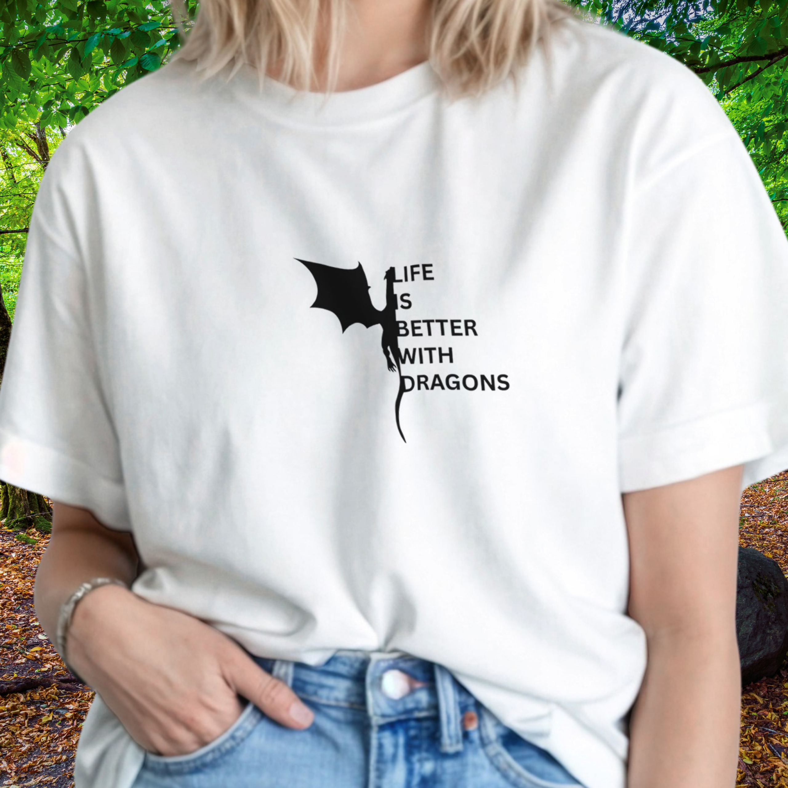 Woman wearing a white Dragons shirt from the Life is better Collection