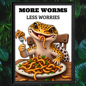Funny leopard gecko eating worms – More Worms, Less Worries reptile poster