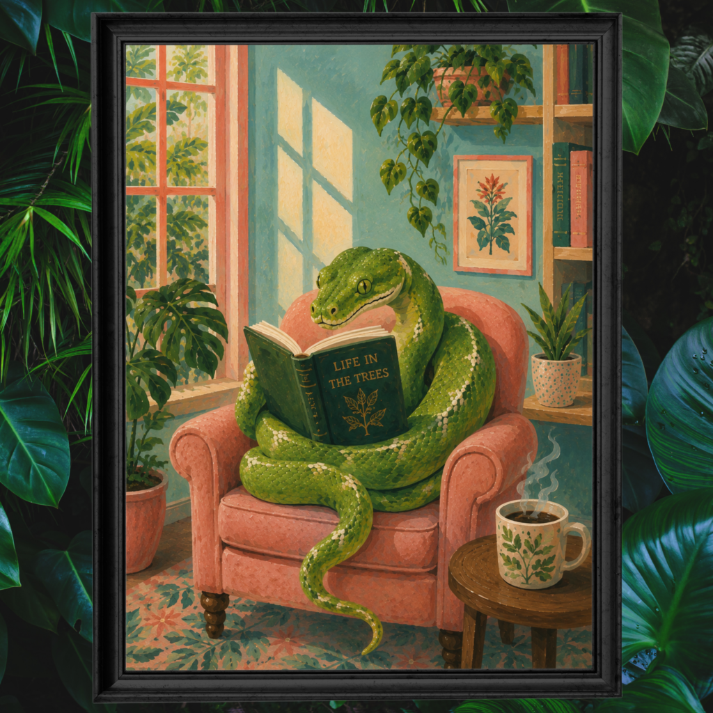 Green tree python reading a book while sitting in a vintage armchair