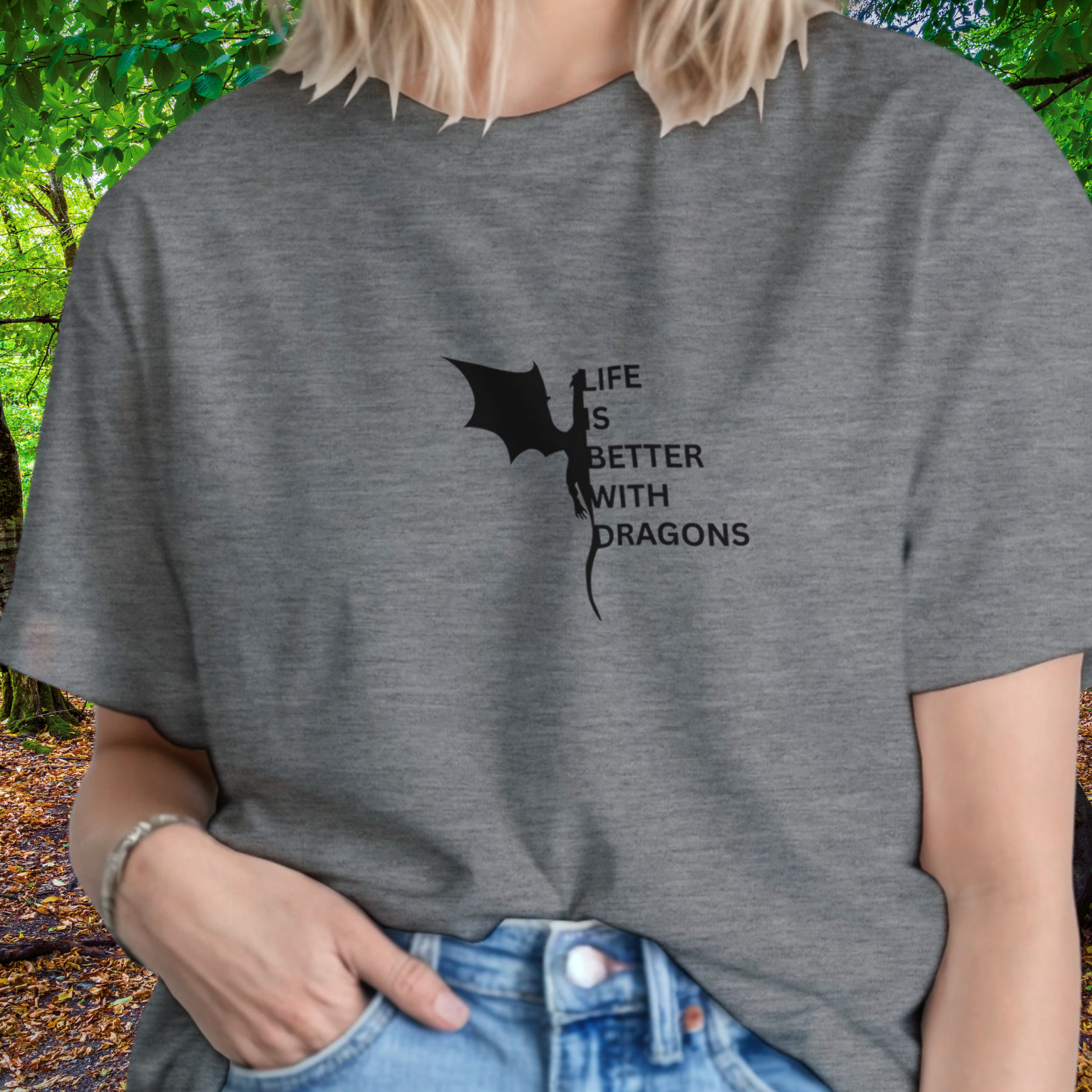 Woman wearing a sport grey Dragons shirt from the Life is better Collection