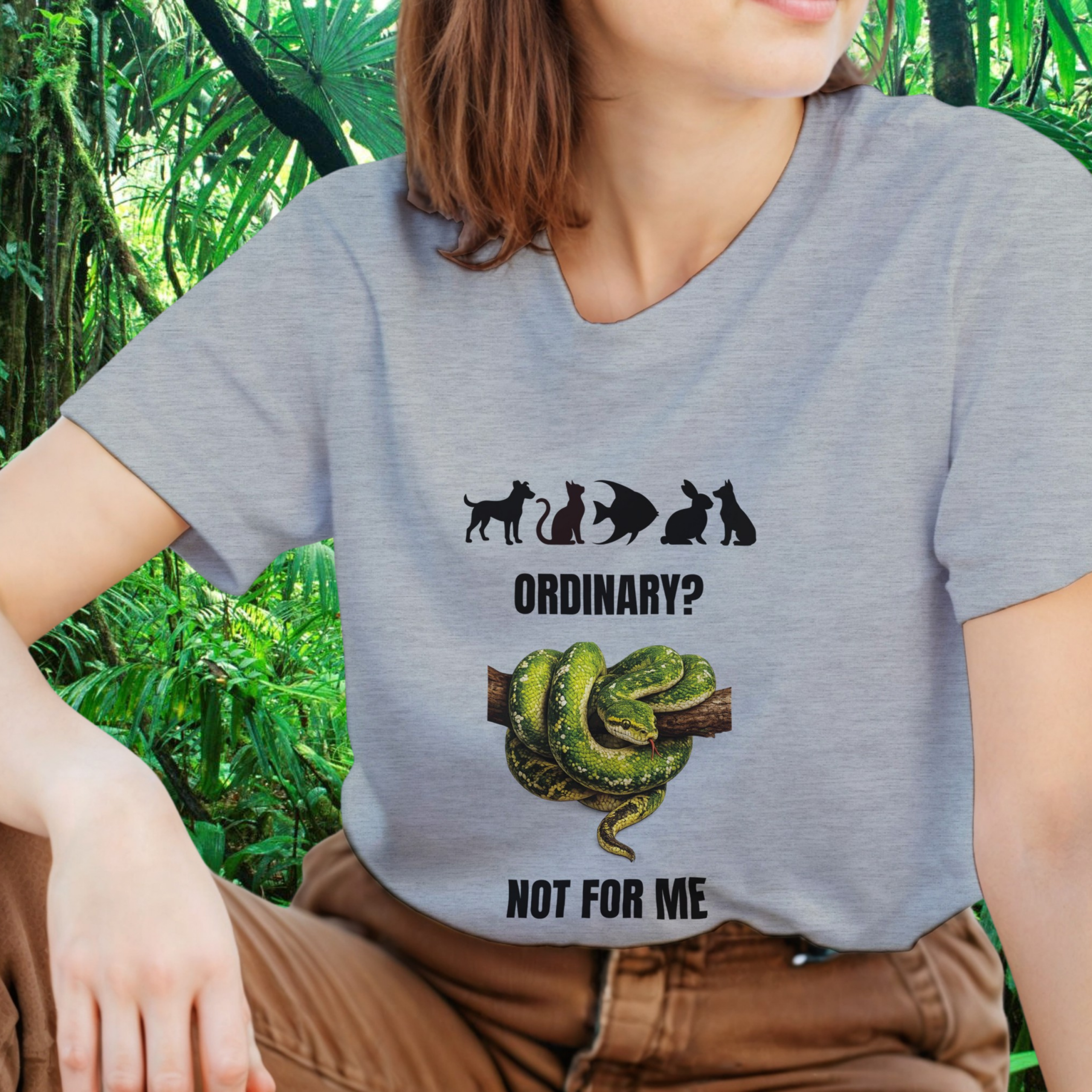 Woman wearing an ash snake shirt from the Be different Collection
