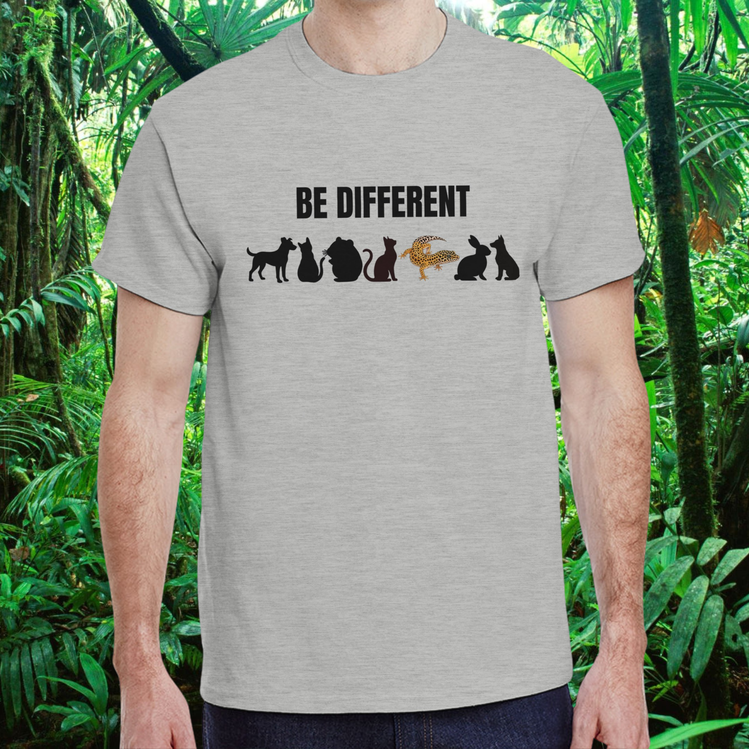 Man wearing an ash Be Different shirt with reptile design