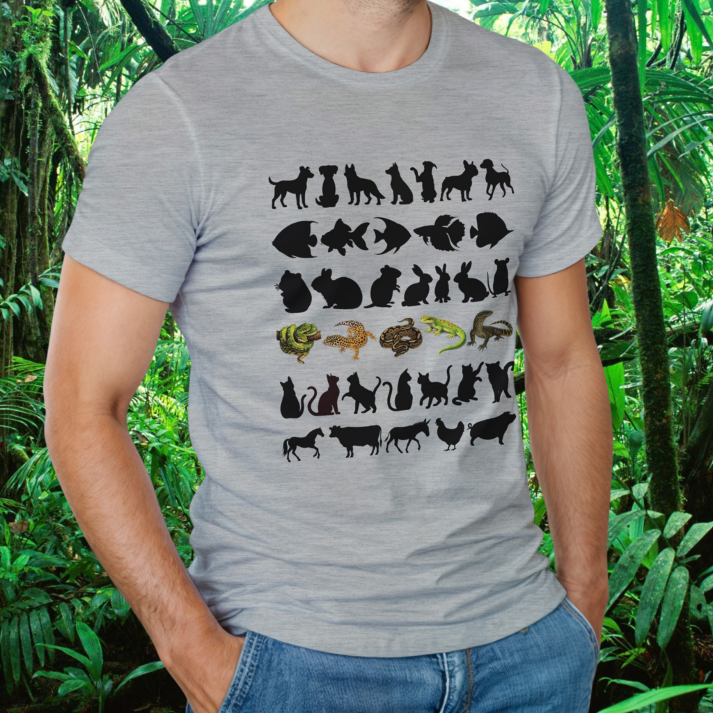 Man wearing an ash Not Your Average Pet shirt with animal design