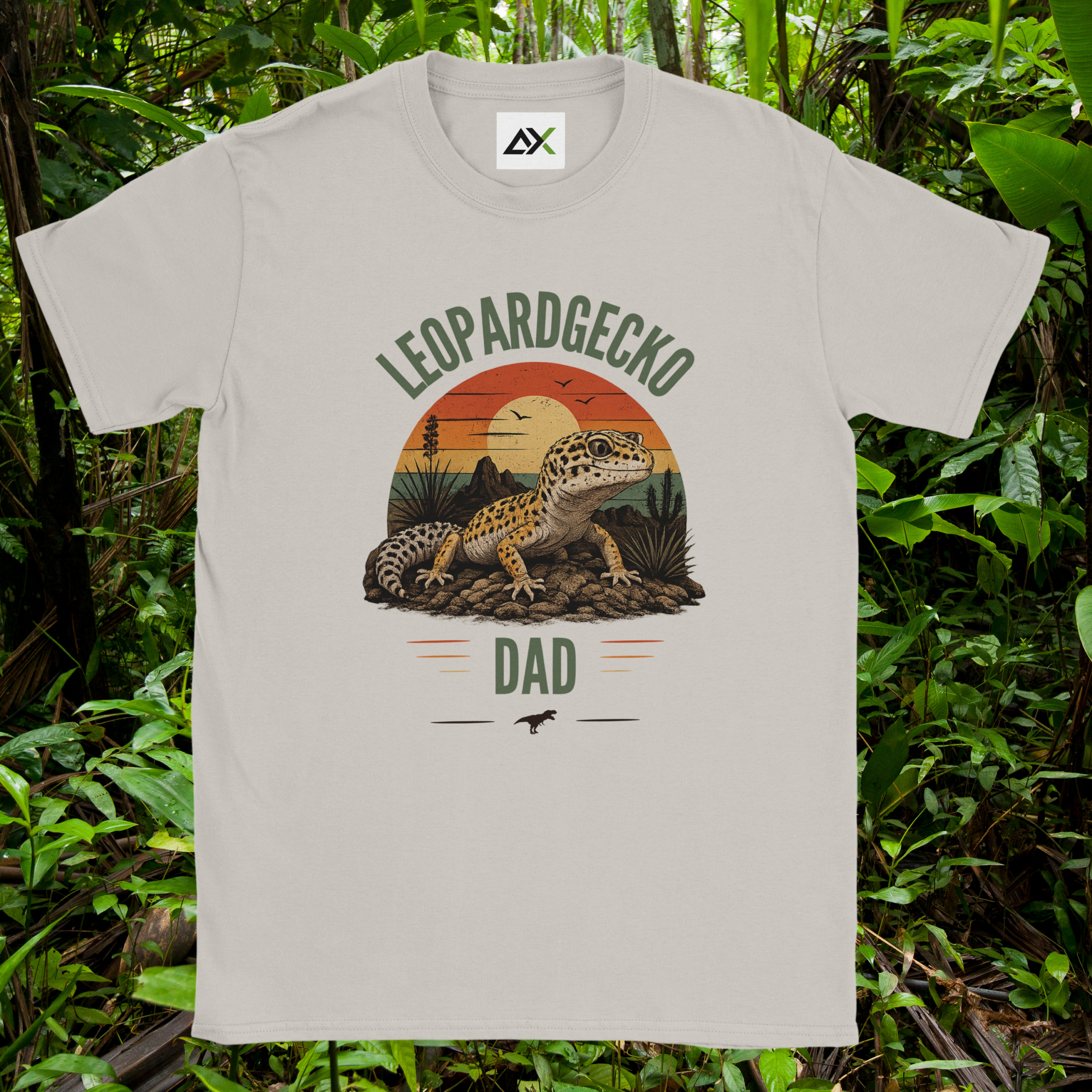 Ice grey Leopard Gecko Dad shirt with retro sunset design
