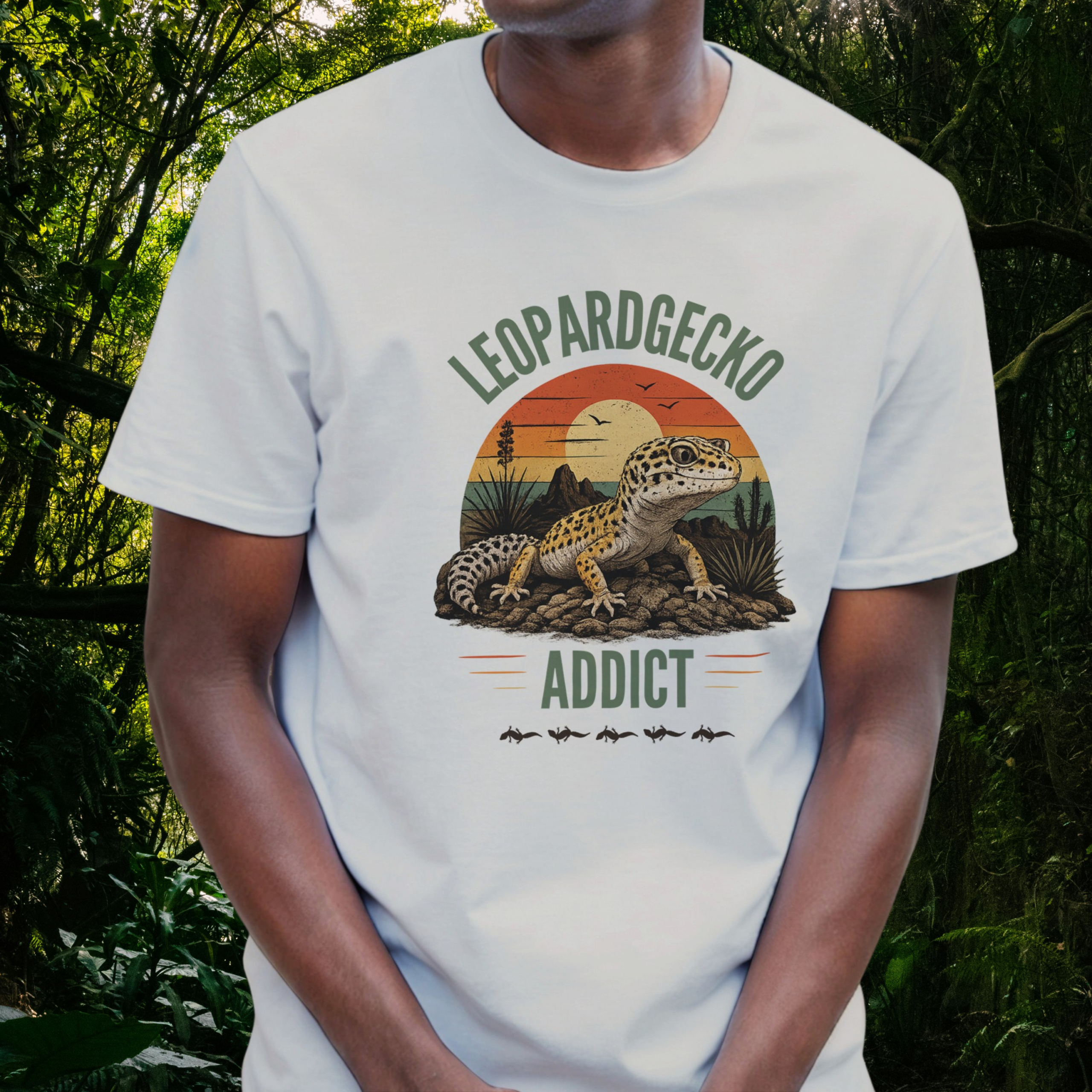 Man wearing an ice grey Leopard Gecko Addict shirt