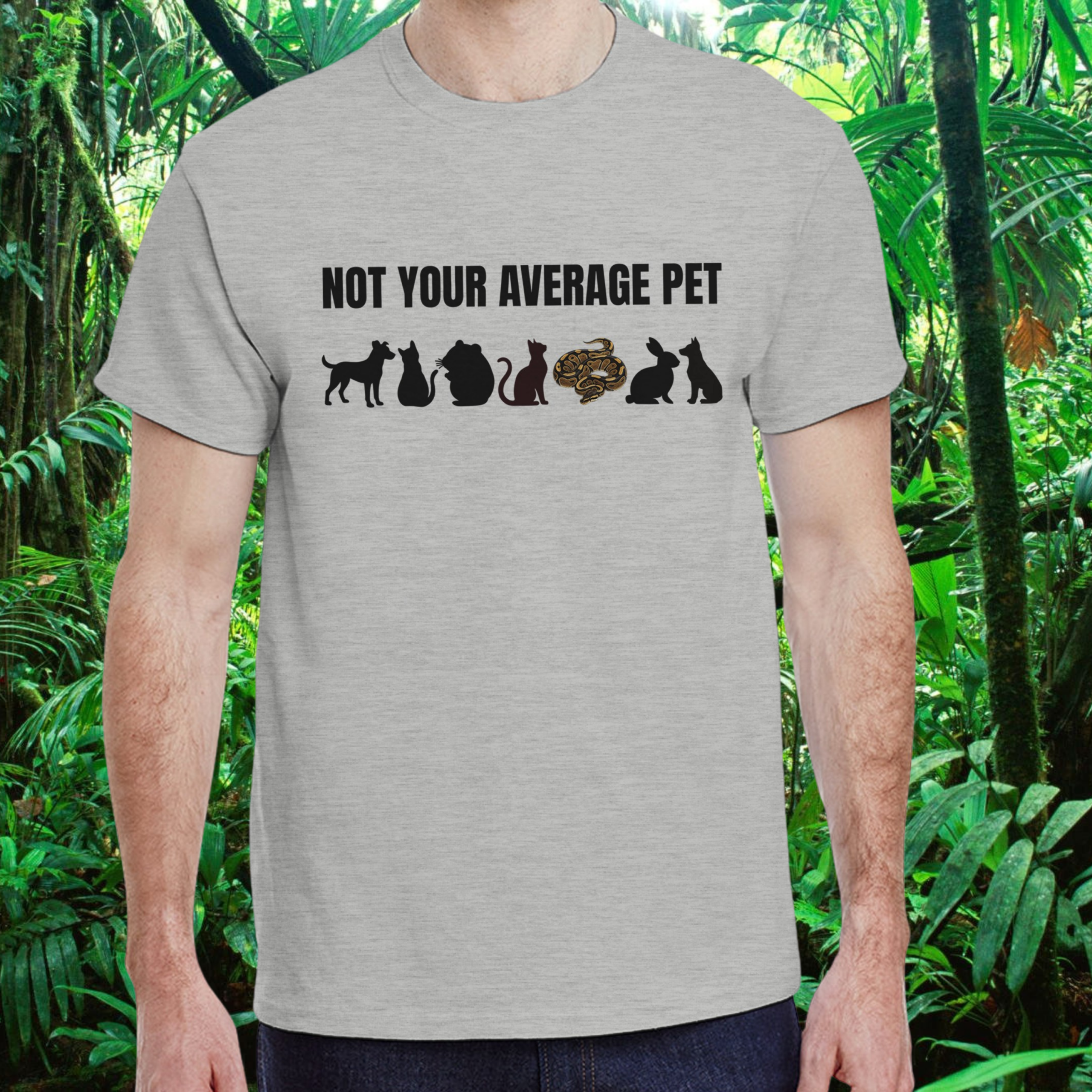 Man wearing an ash Not Your Average Pet Ball Python shirt