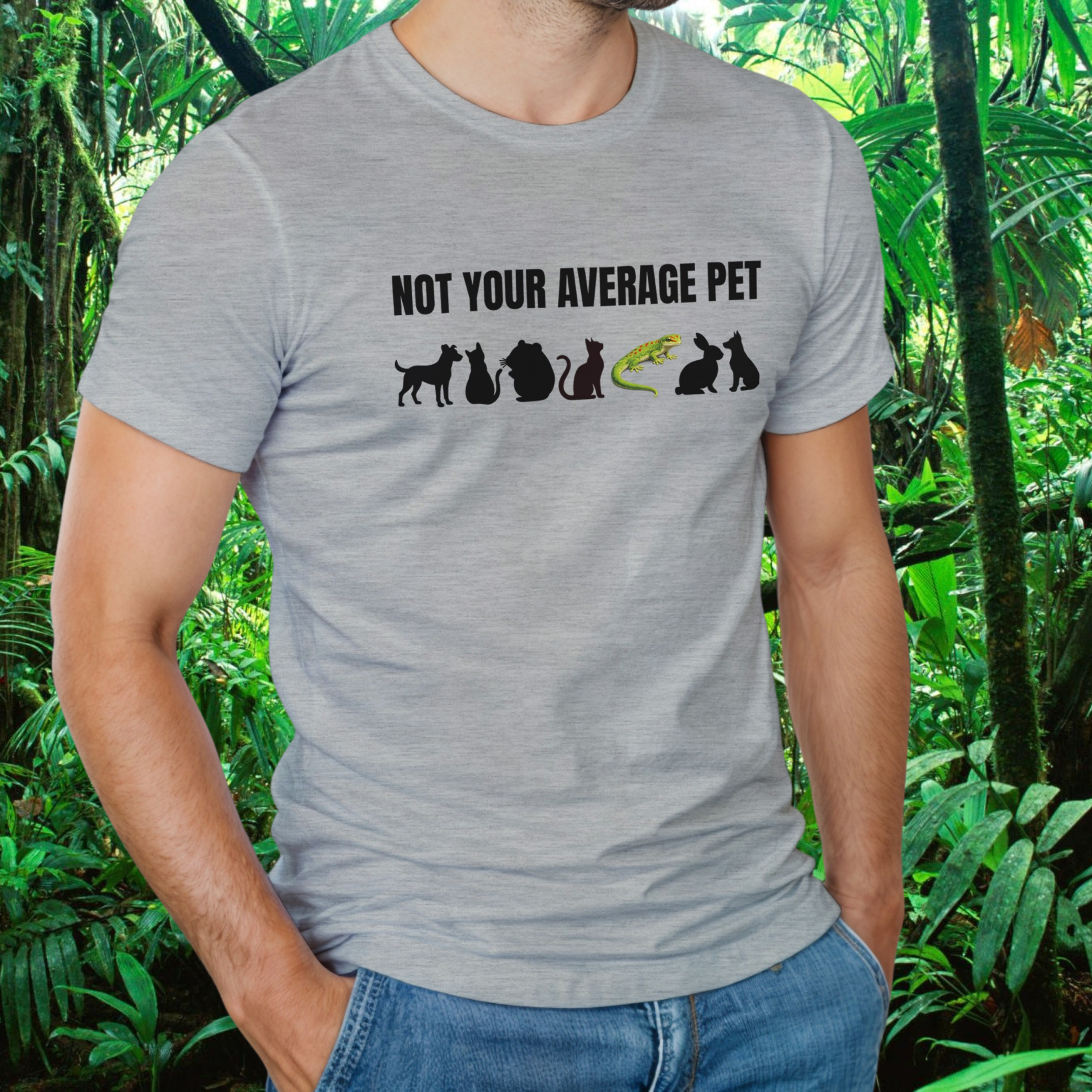 Man wearing an ash Not Your Average Pet Gecko shirt
