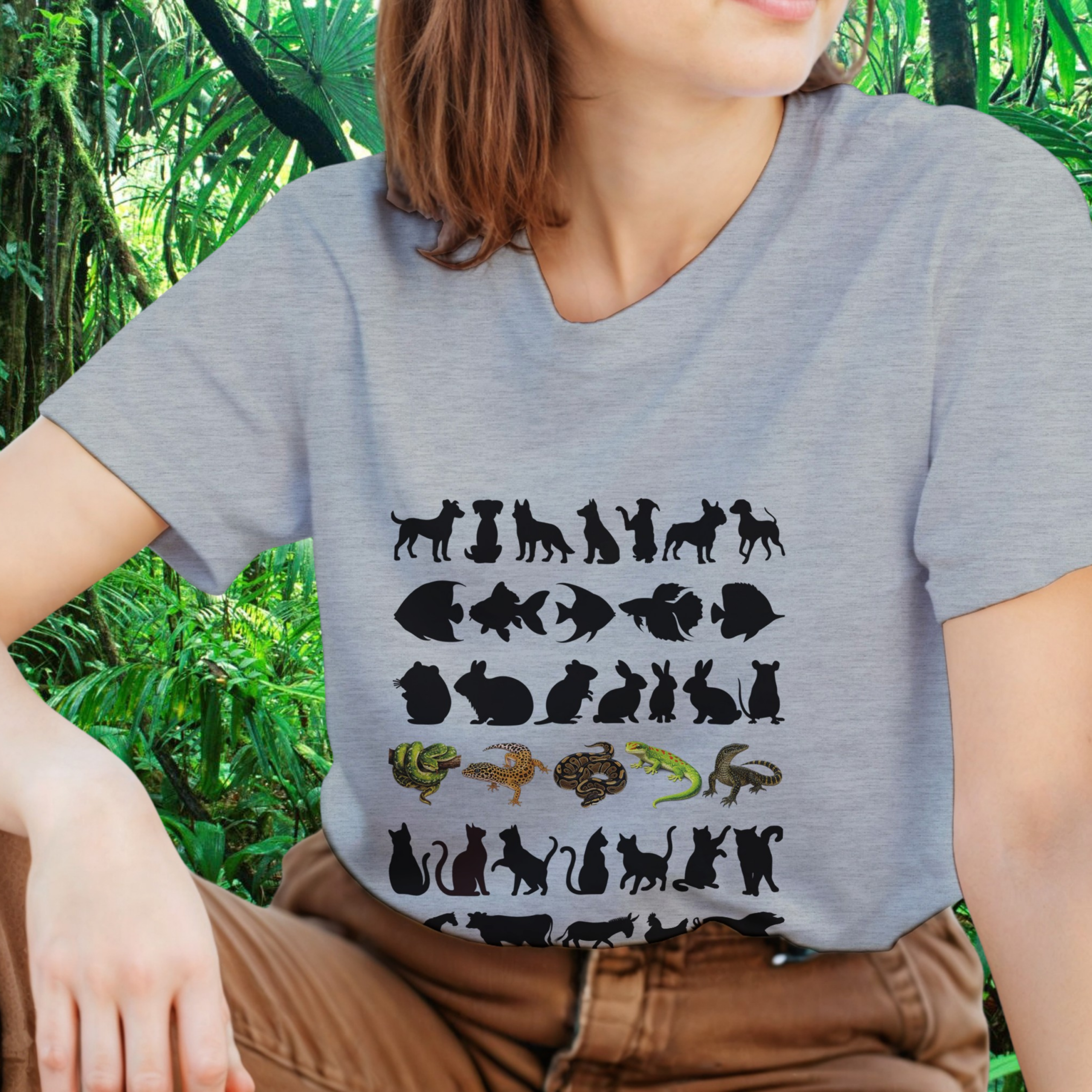 Woman wearing an ash Not Your Average Pet shirt