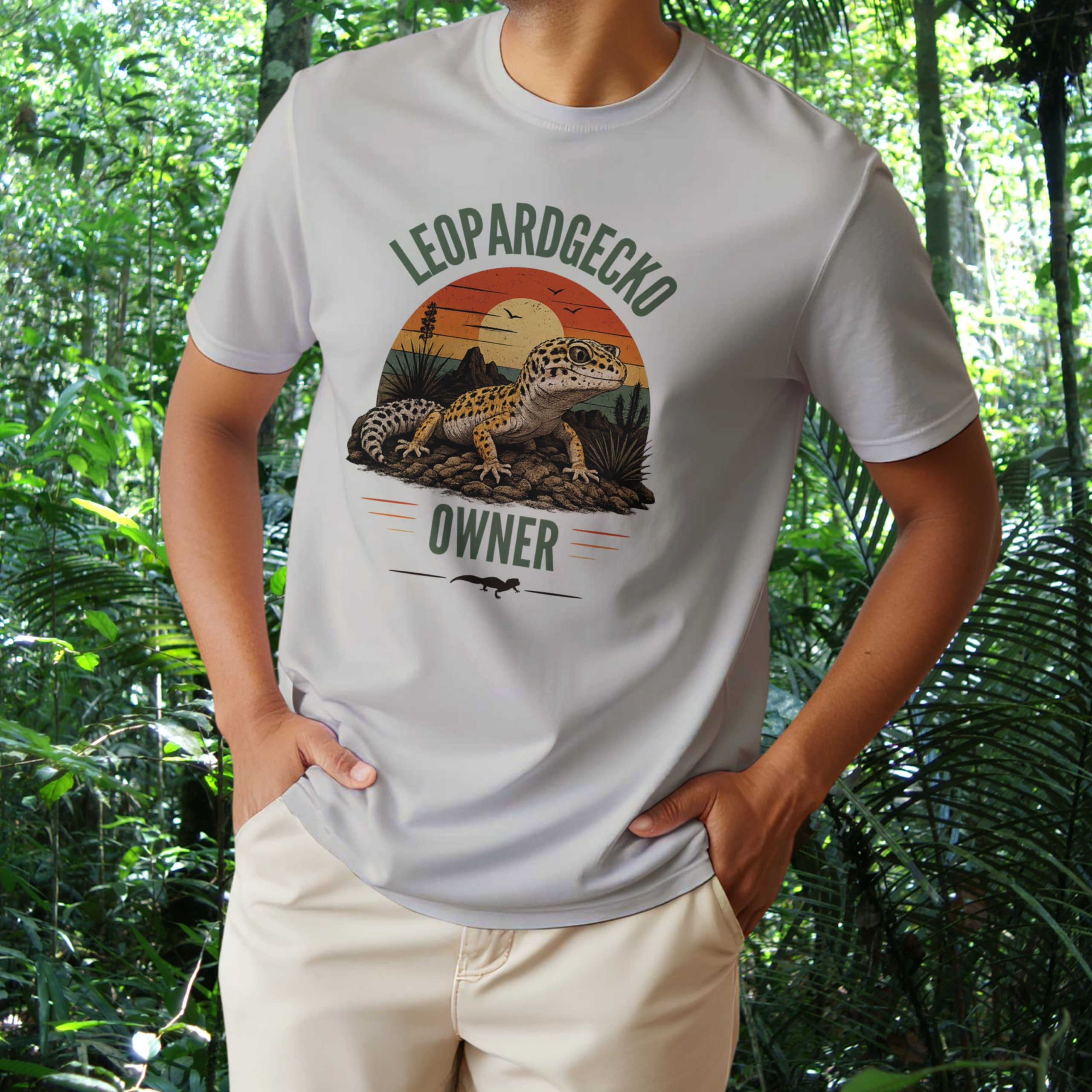 Man wearing an ice grey Leopard Gecko Owner shirt