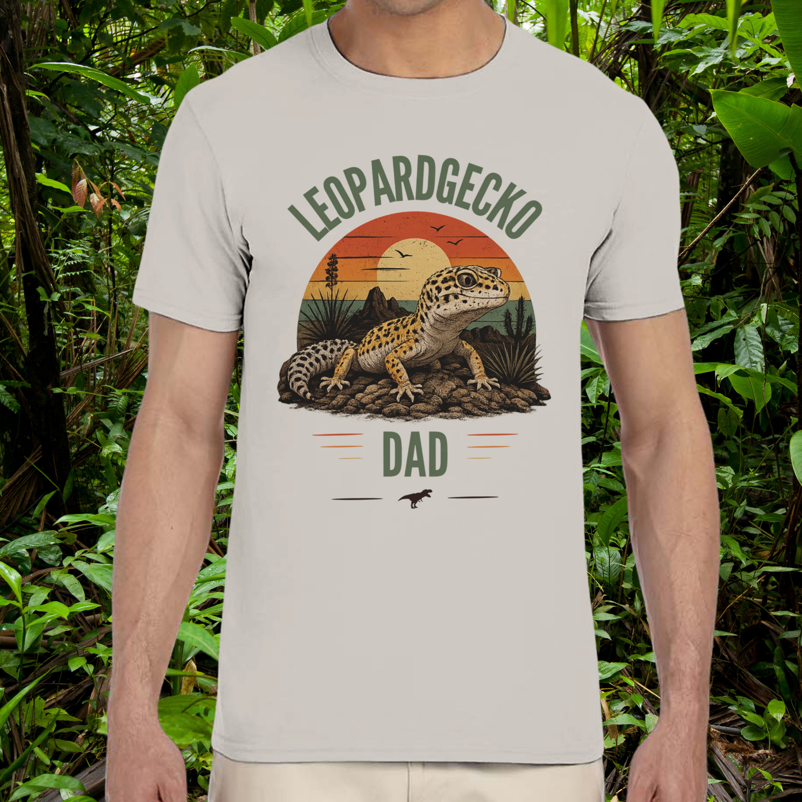 Man wearing an ice grey Leopard Gecko Dad shirt