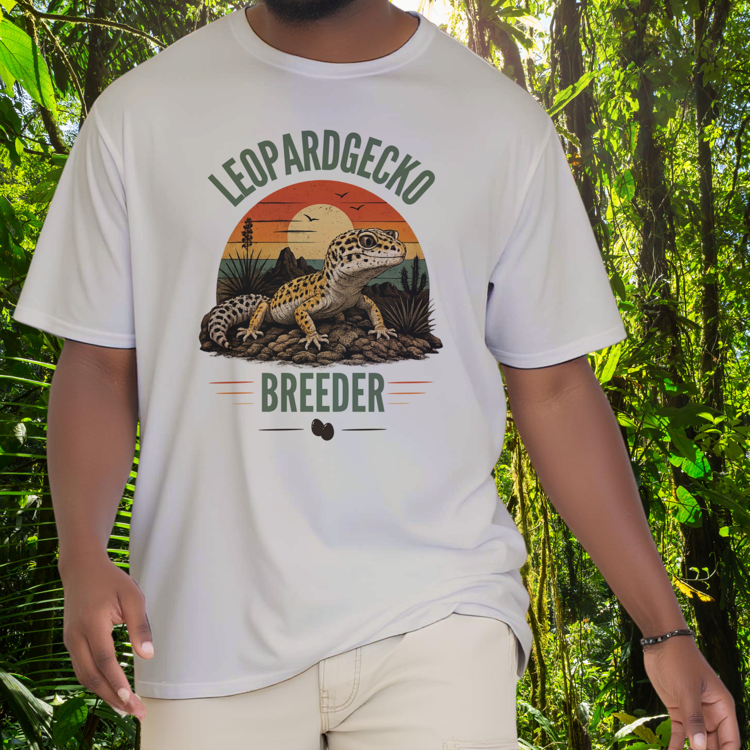 Man wearing an ice grey Leopard Gecko Breeder shirt