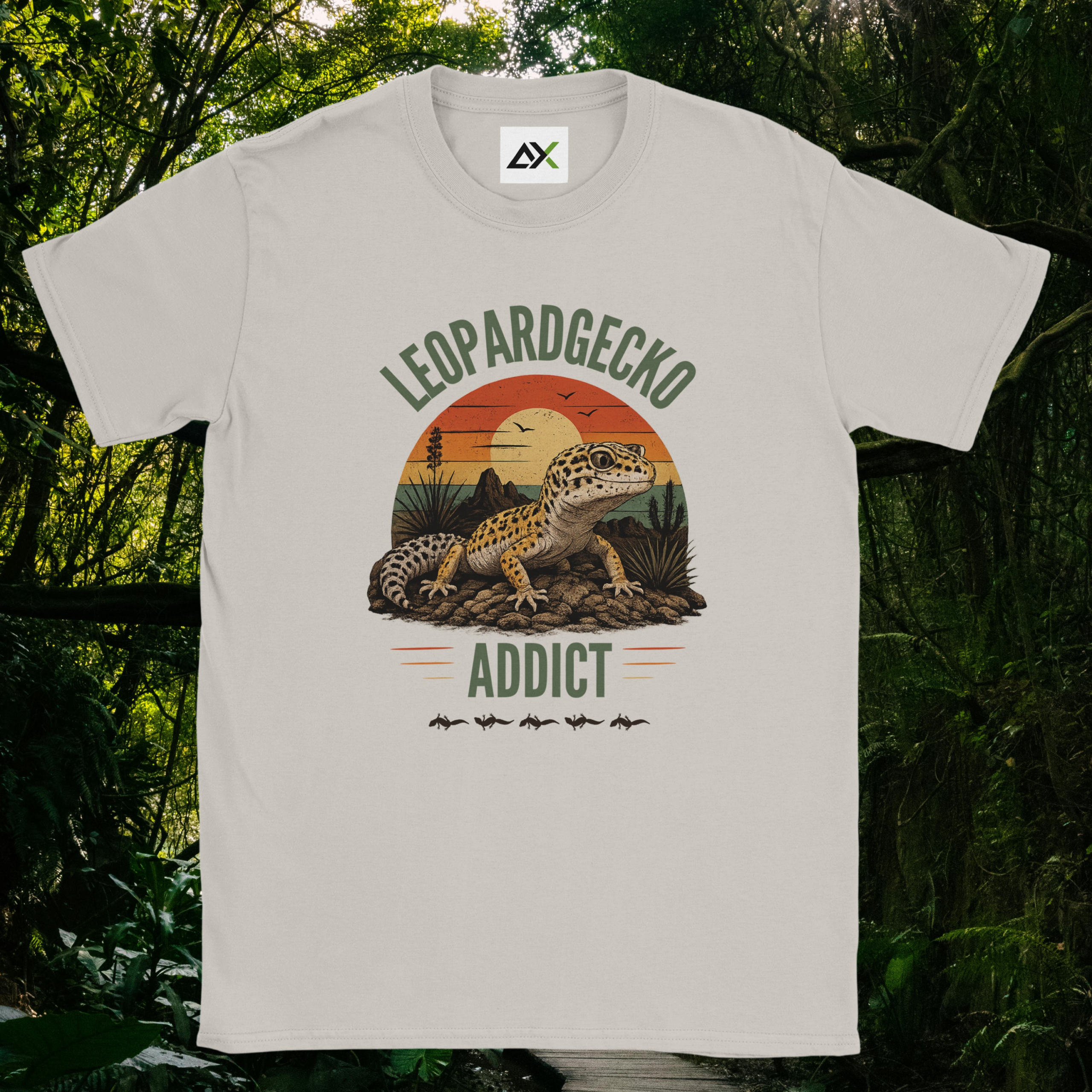 Ice grey Leopard Gecko Addict shirt with sunset design