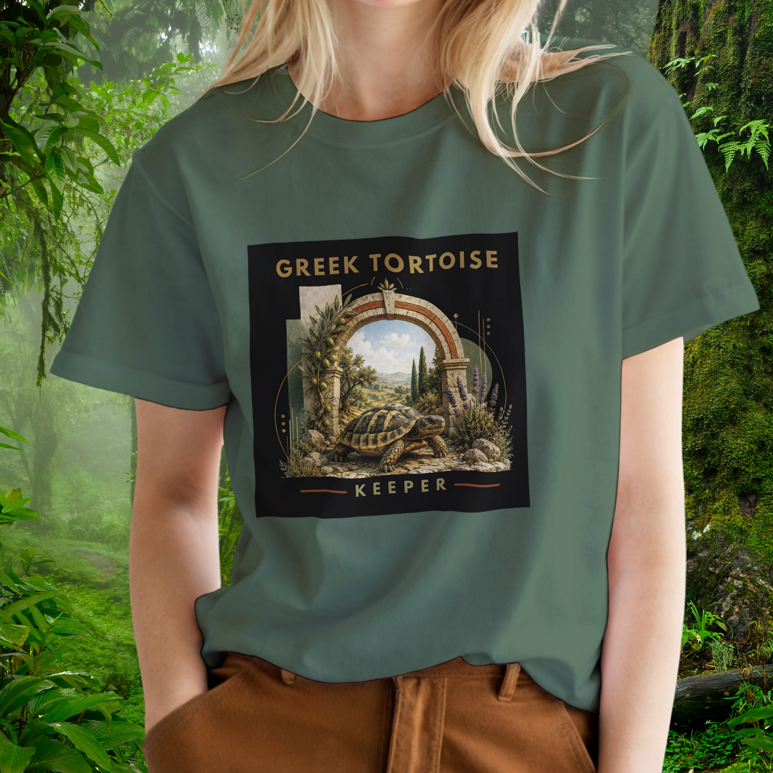 Woman wearing a military green Greek Tortoise shirt from the Keeper Collection