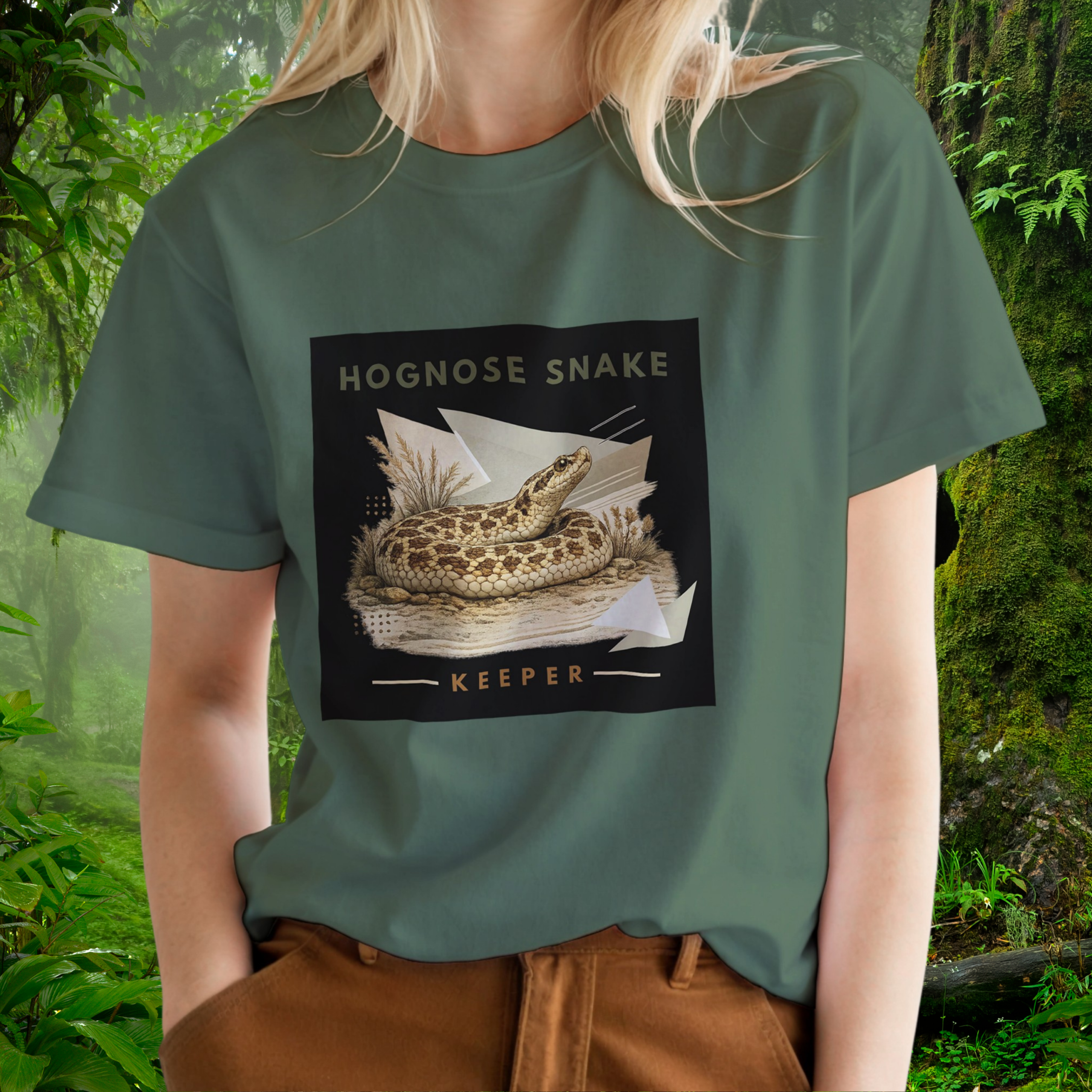 Woman wearing a military green Hognose Snake shirt from the Keeper Collection