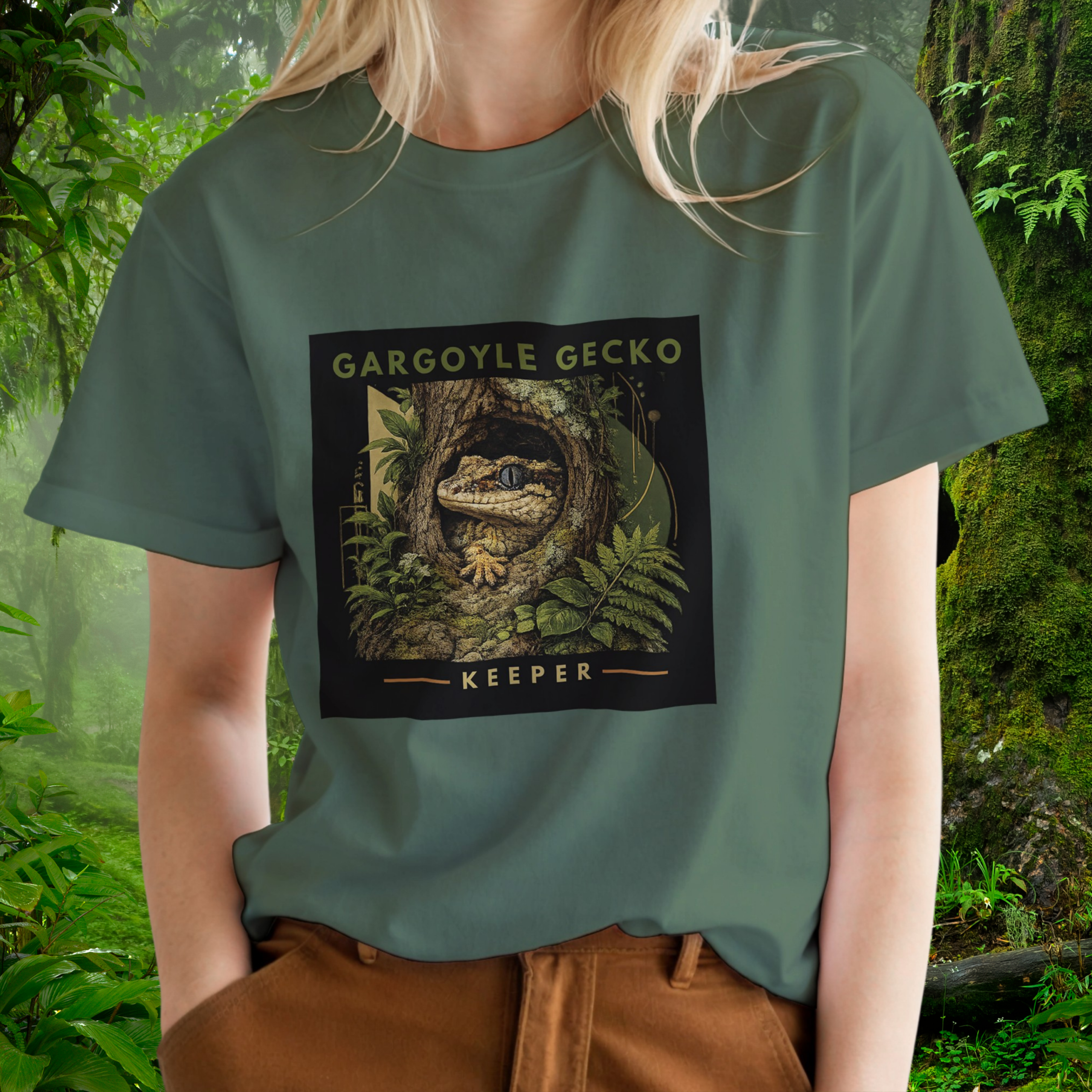 Woman wearing a military green Gargoyle Gecko shirt from the Keeper Collection