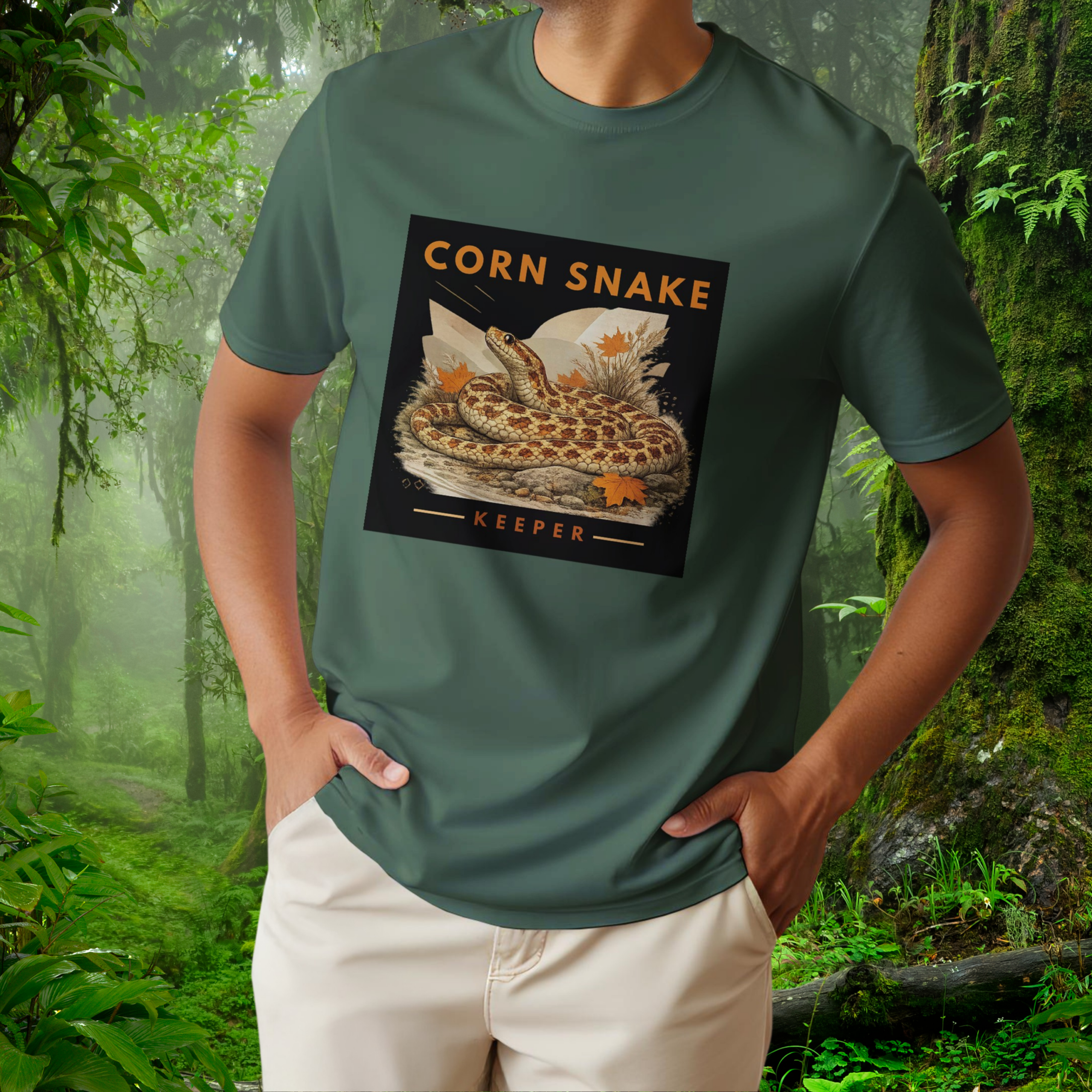 Man wearing a military green Corn Snake shirt from the Keeper Collection