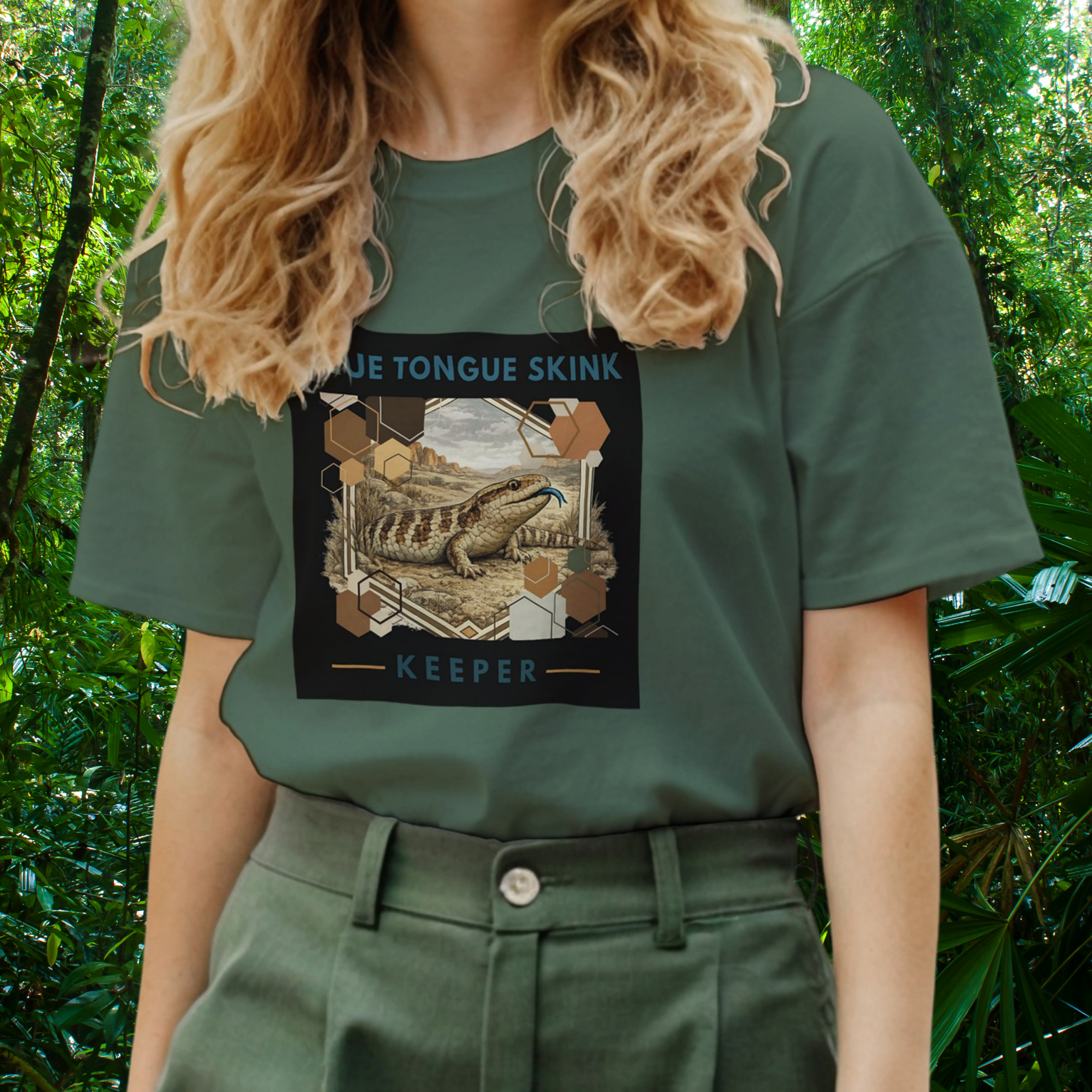 Woman wearing a military green Blue Tongue Skink shirt from the Keeper Collection