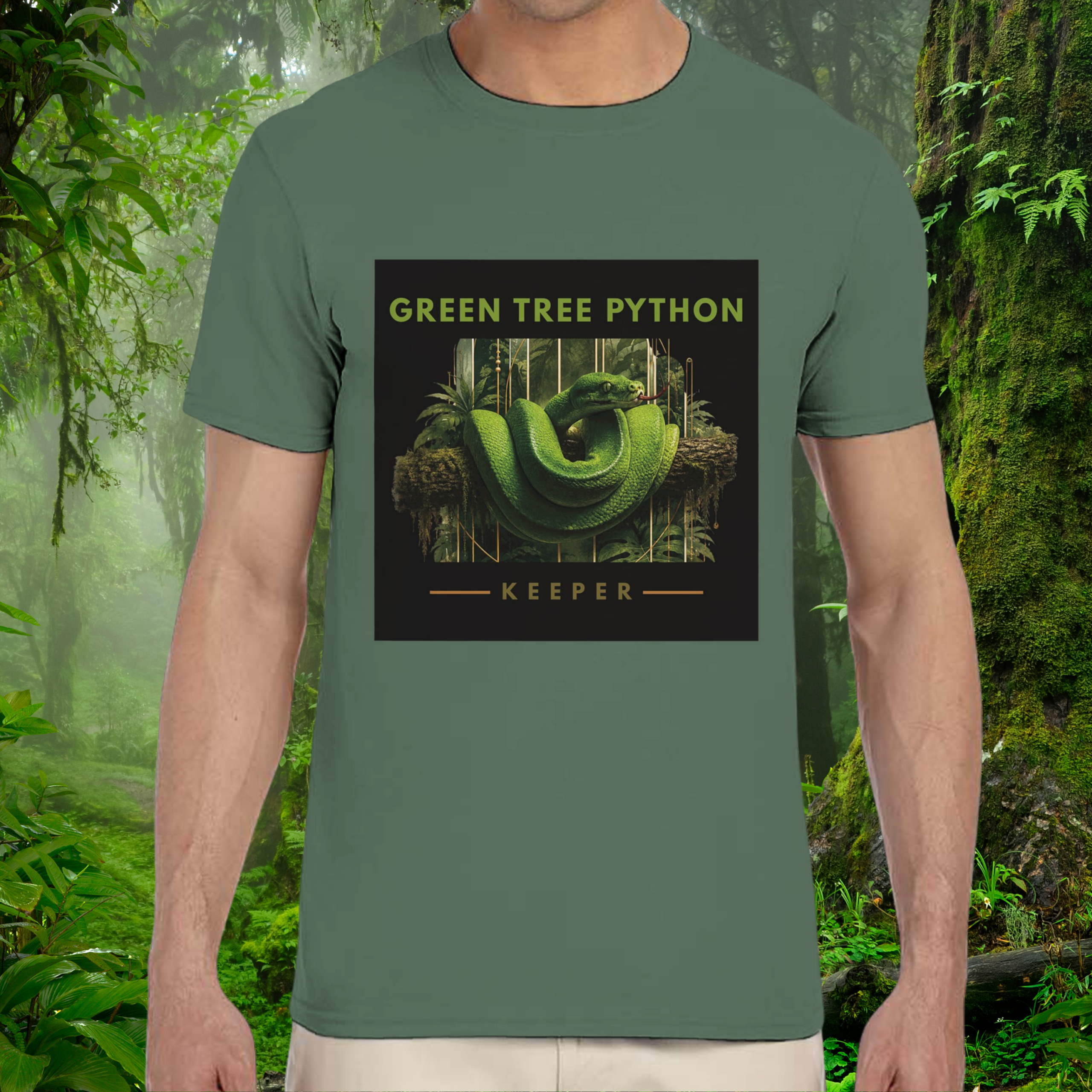 Man wearing a military green Green Tree Python shirt from the Keeper Collection