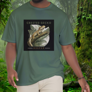 Keeper Collection – Crested Gecko Shirt – Military Green – Man Man wearing a military green Crested Gecko shirt from the Keeper Collection