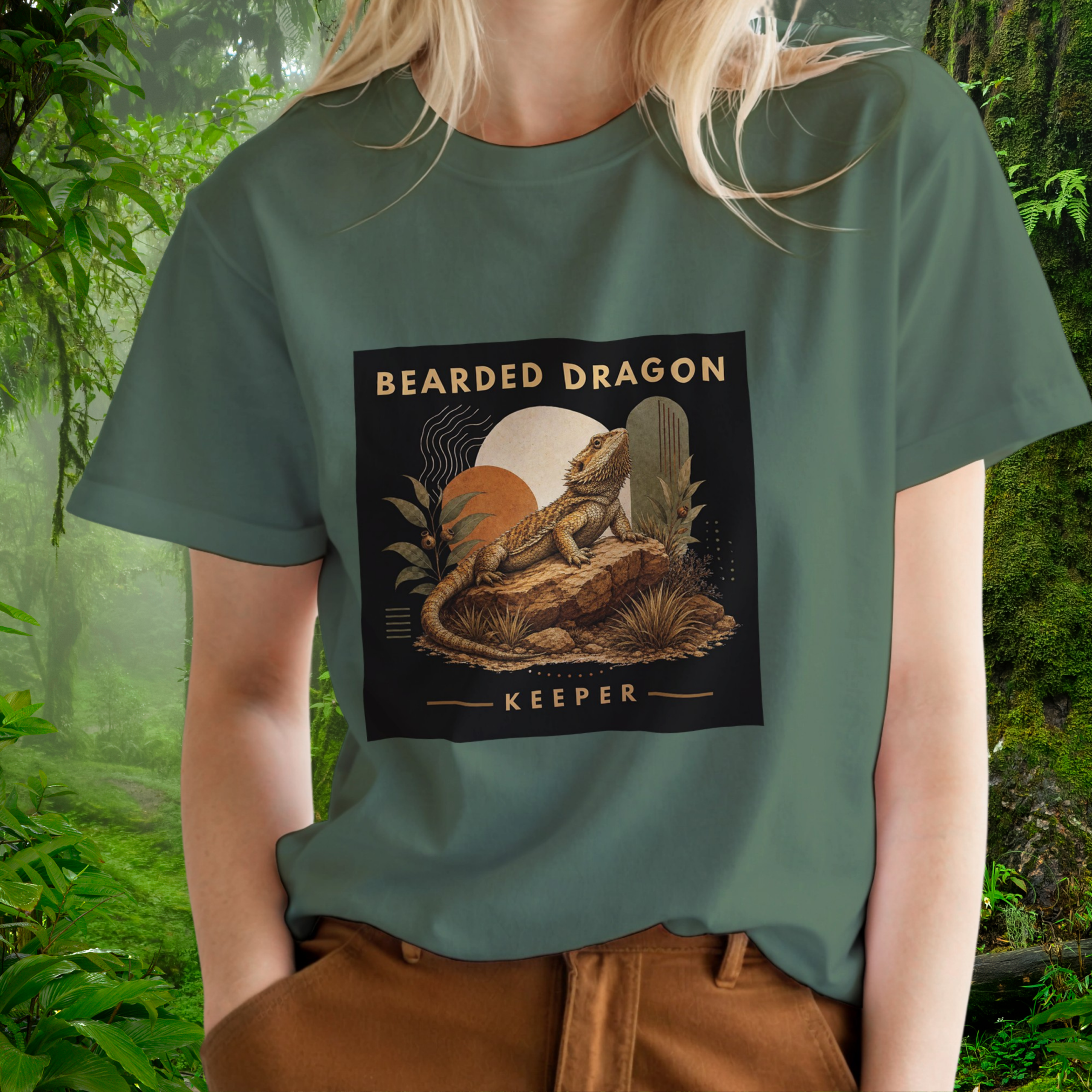 Woman wearing a military green Bearded Dragon shirt from the Keeper Collection