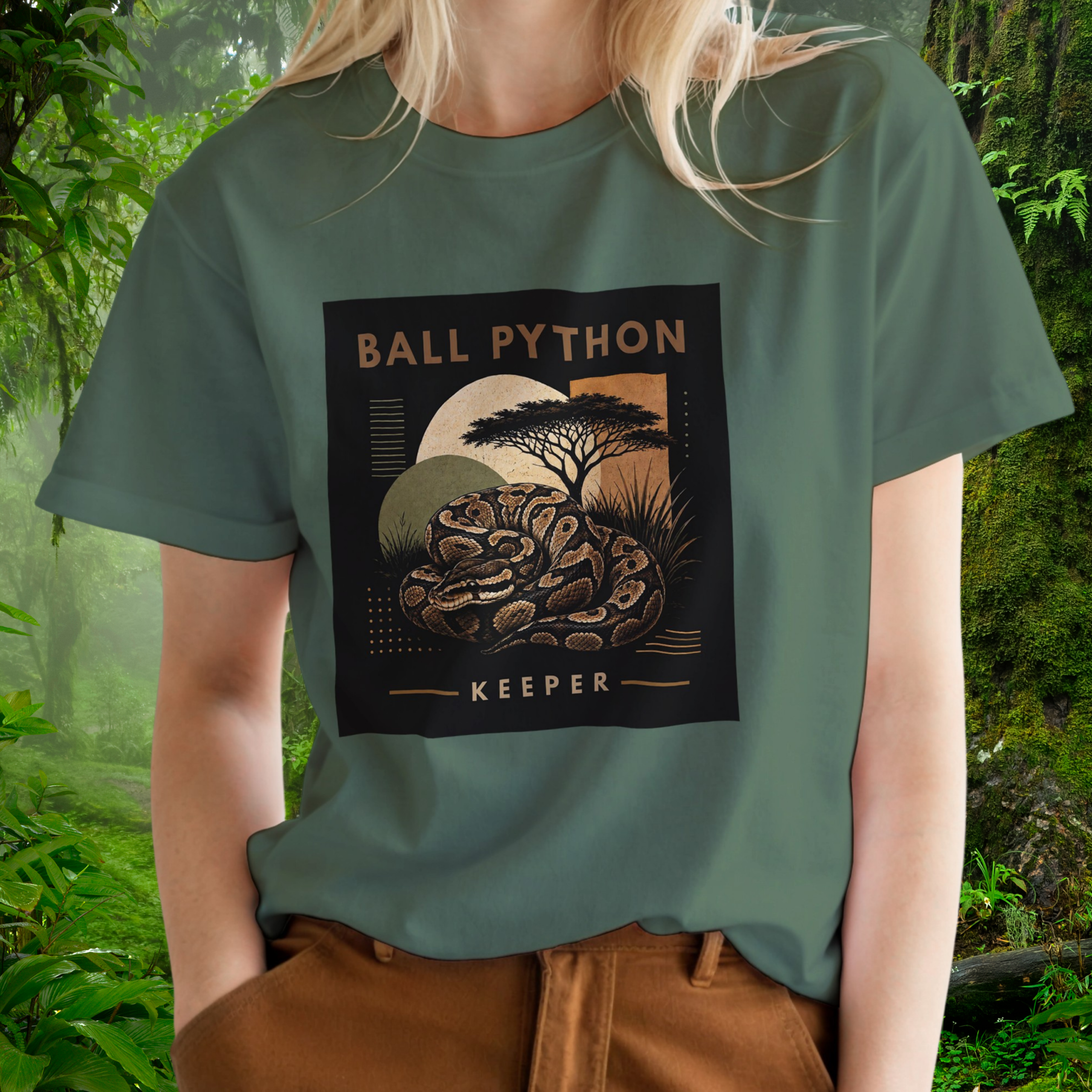 Woman wearing a military green Ball Python shirt from the Keeper Collection