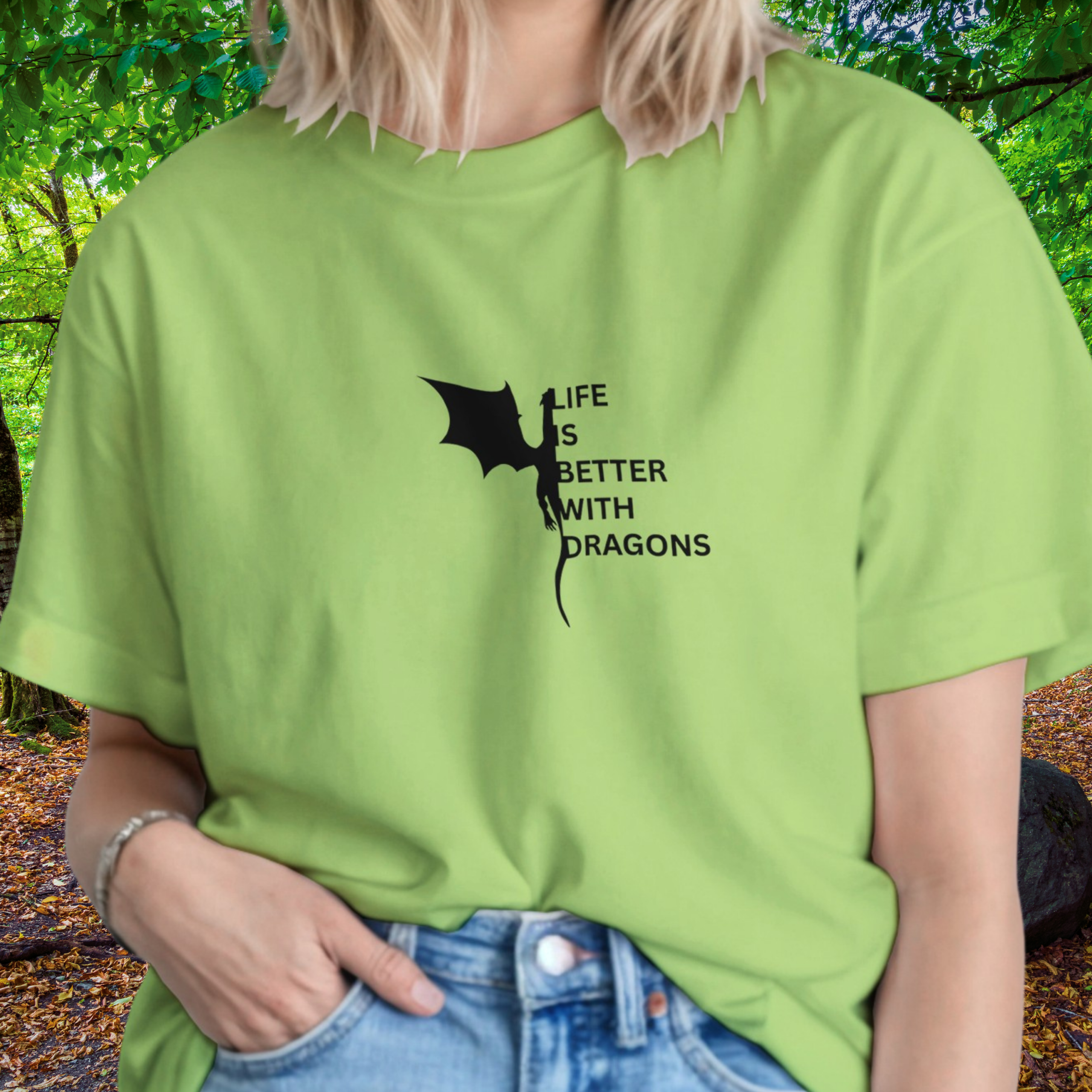 Woman wearing a kiwi Dragons shirt from the Life is better Collection