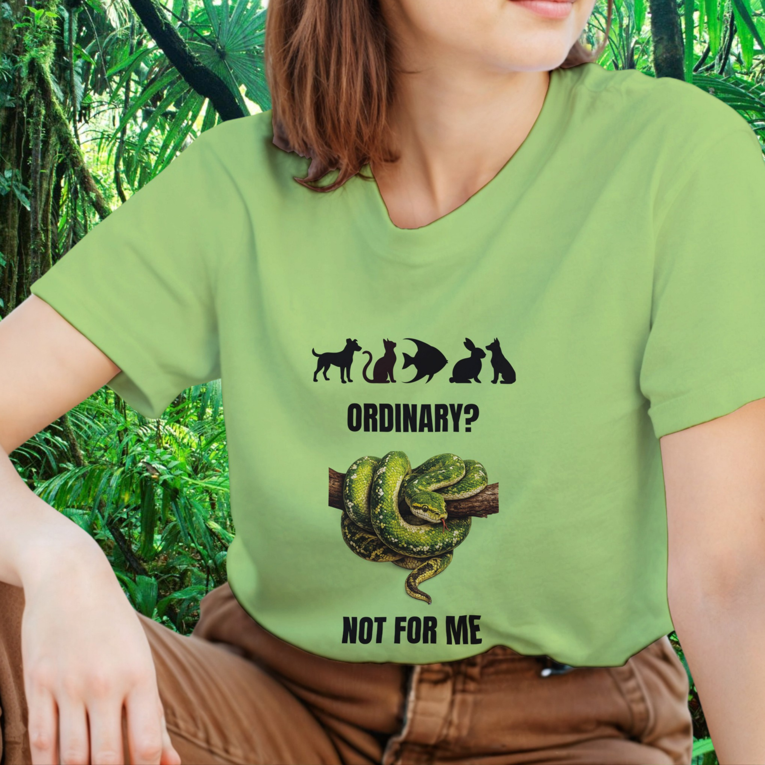 Woman wearing a kiwi snake shirt from the Be different Collection