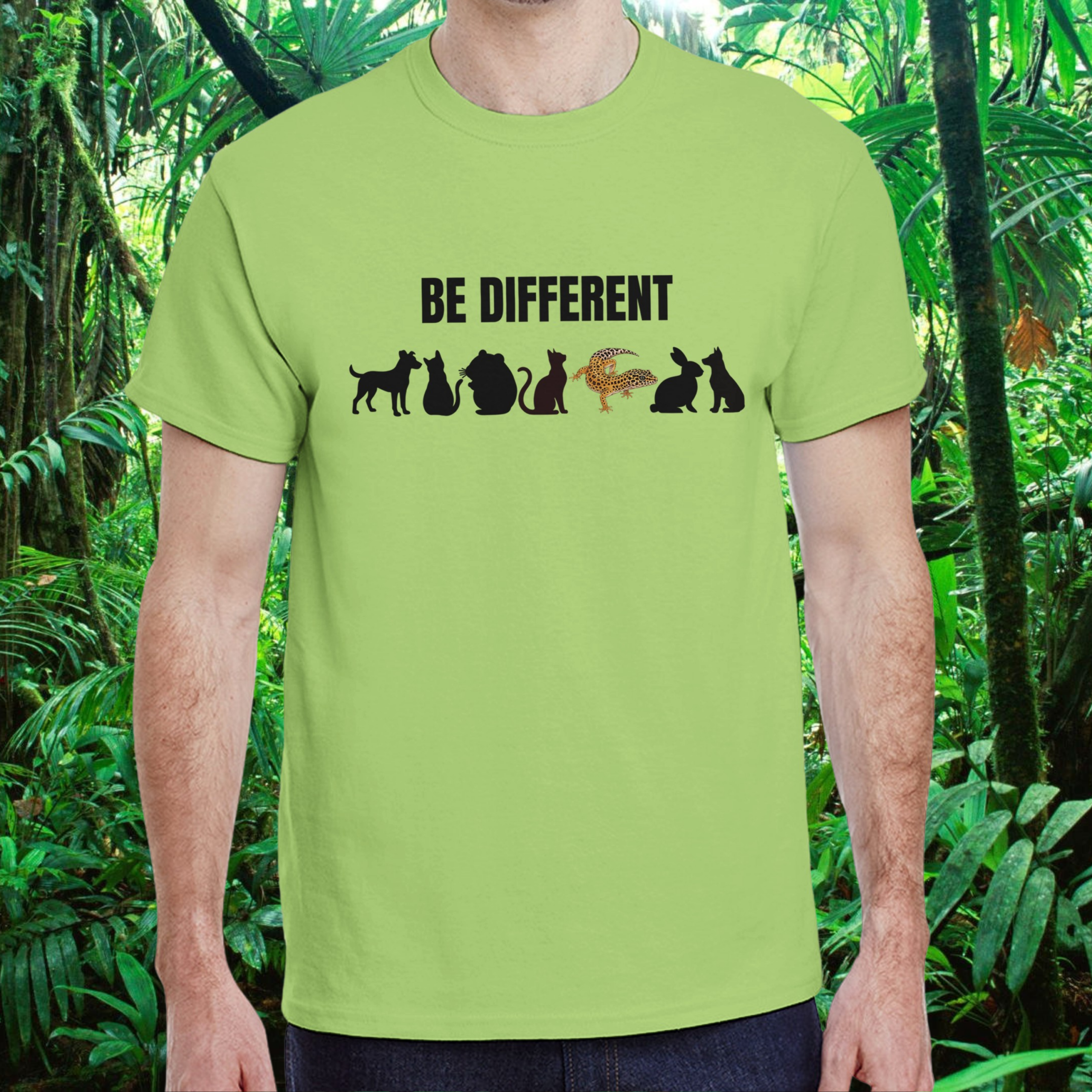 Man wearing a kiwi Be Different shirt with reptile design