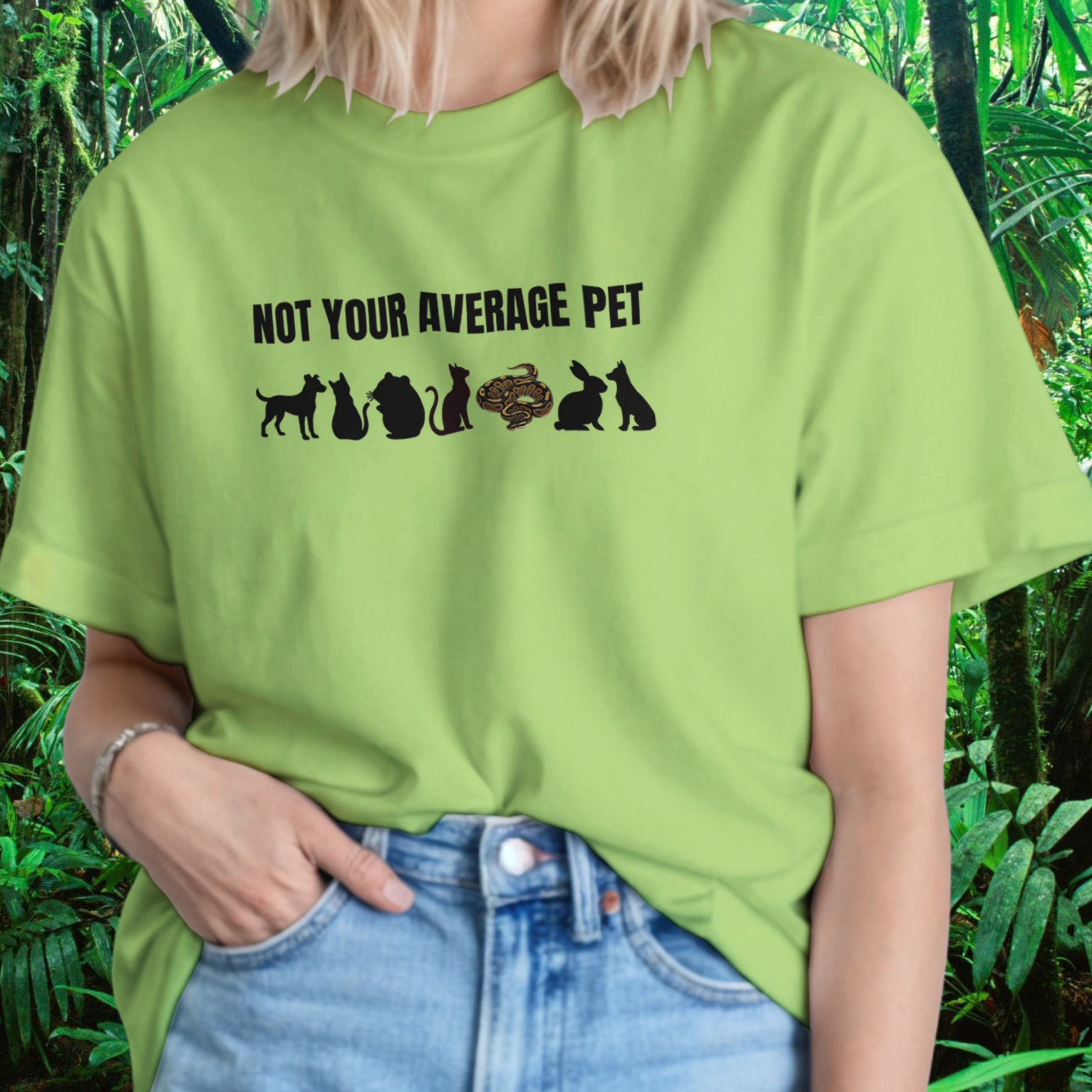 Woman wearing a kiwi Not Your Average Pet Ball Python shirt