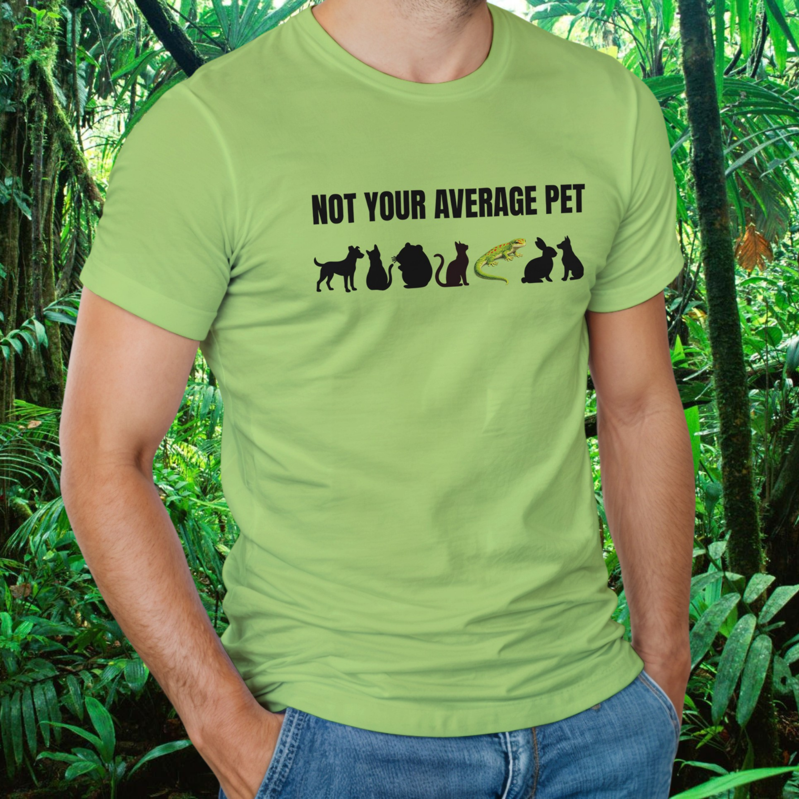 Man wearing a kiwi Not Your Average Pet Gecko shirt
