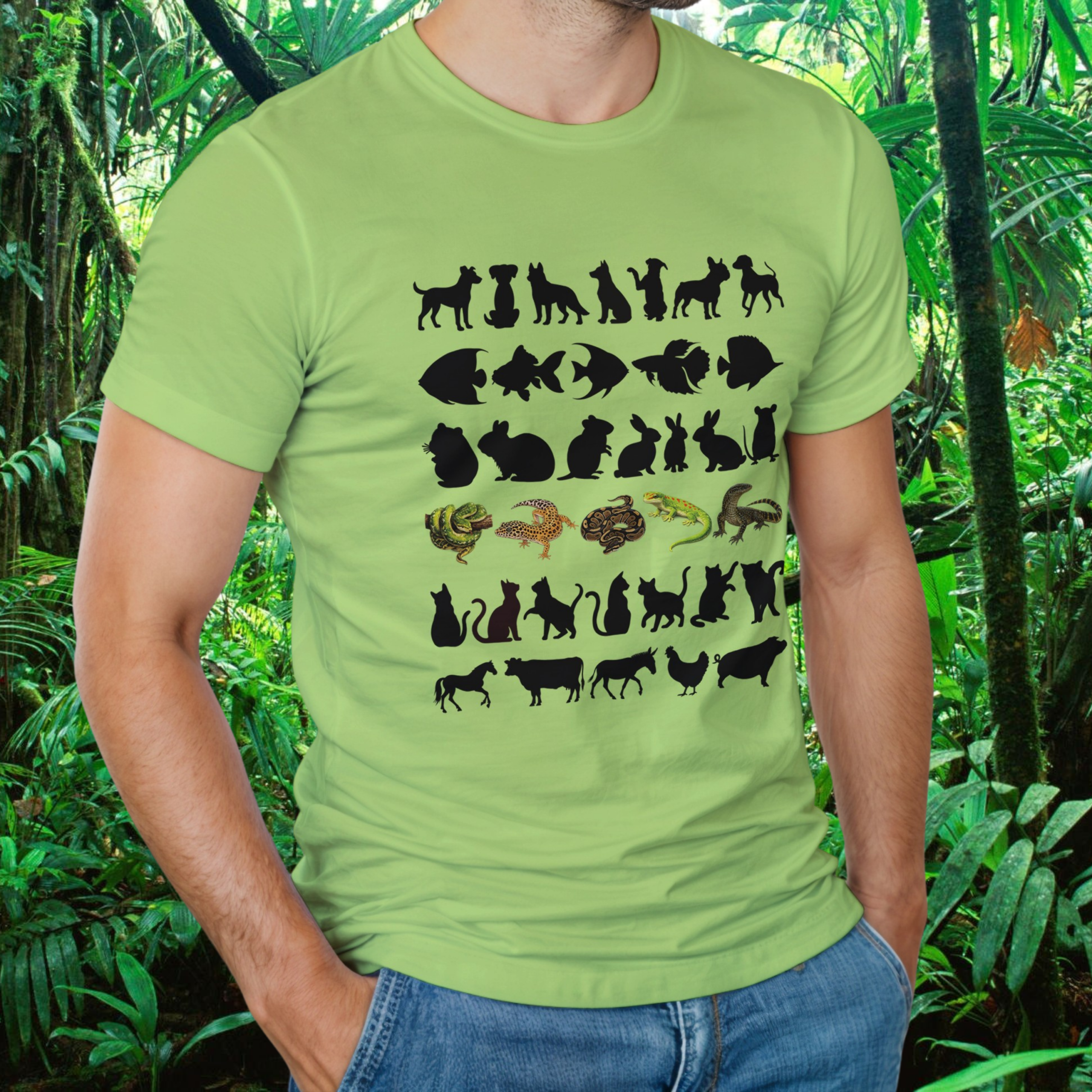 Man wearing a kiwi Not Your Average Pet shirt with animal design