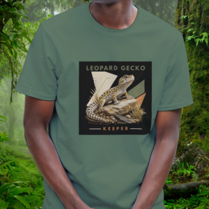 Man wearing a military green Leopard Gecko shirt from the Keeper Collection