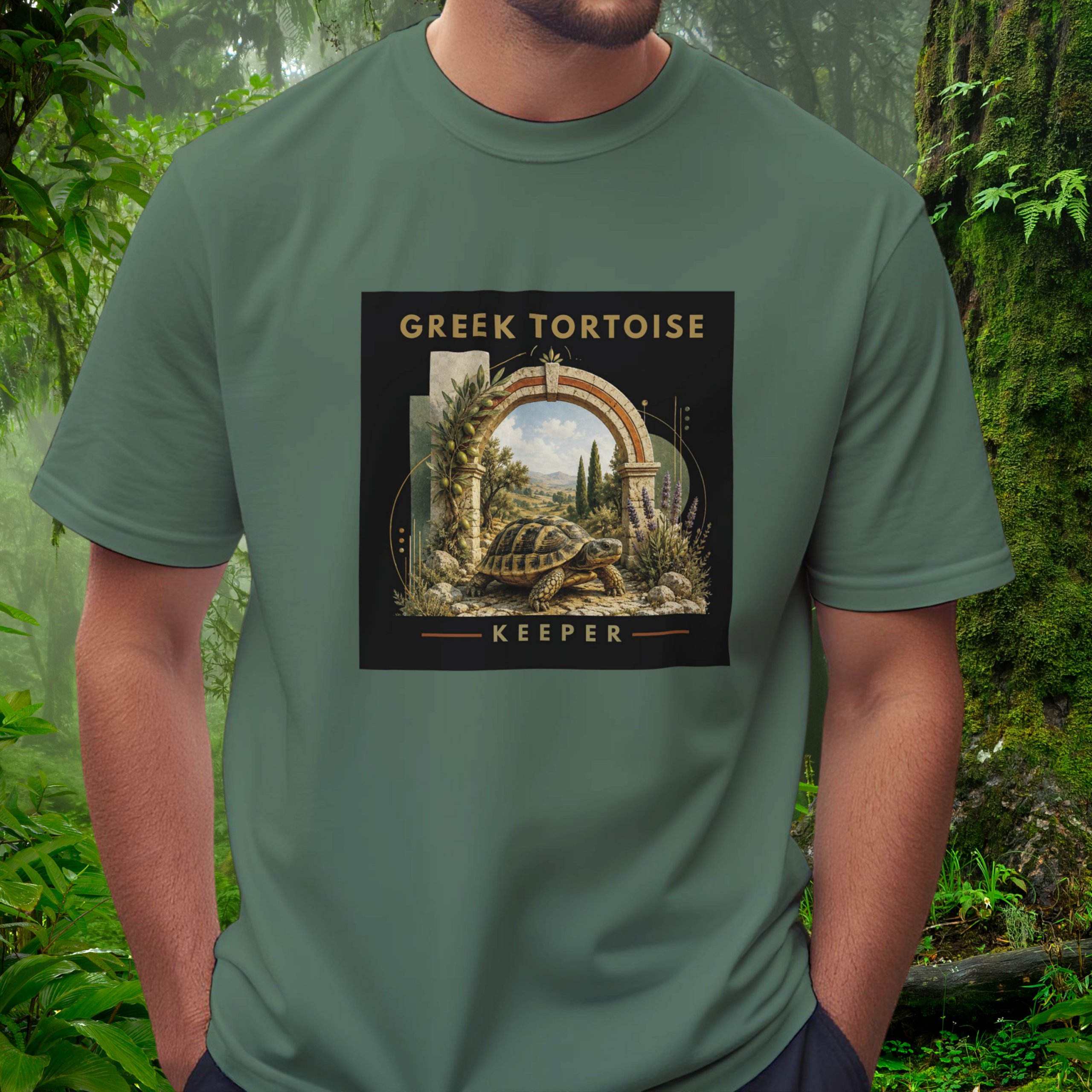 Man wearing a military green Greek Tortoise shirt from the Keeper Collection