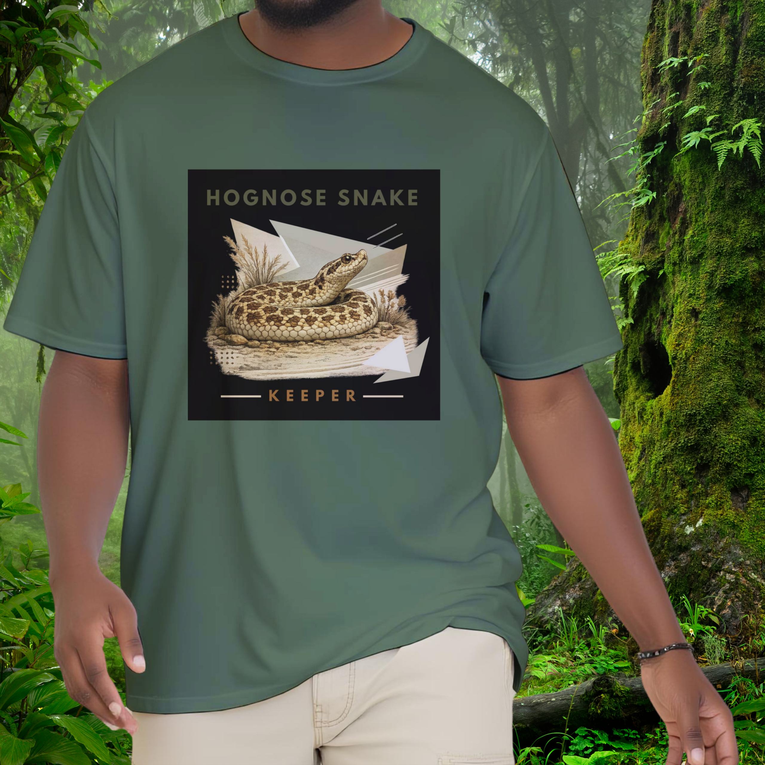 Man wearing a military green Hognose Snake shirt from the Keeper Collection