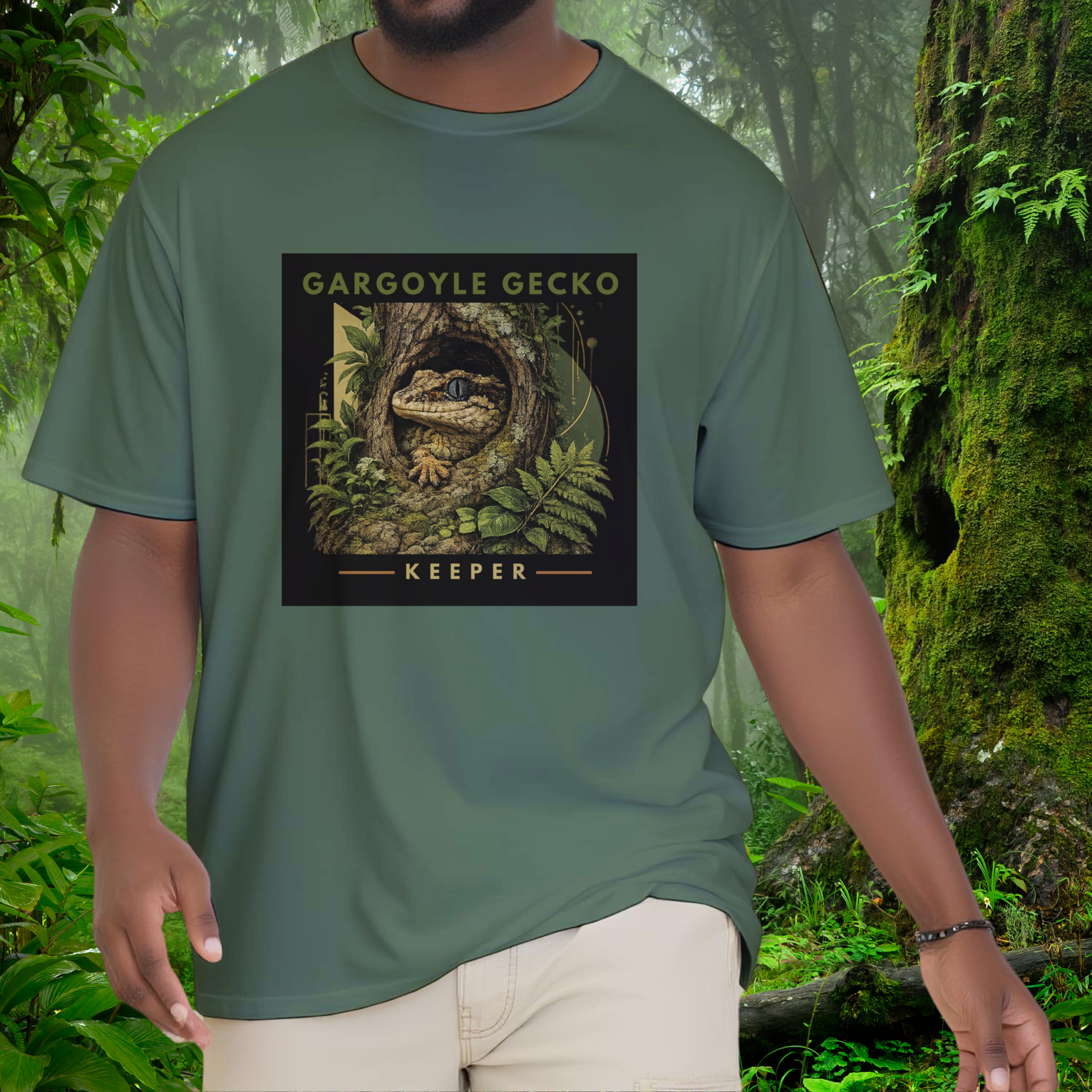 Man wearing a military green Gargoyle Gecko shirt from the Keeper Collection