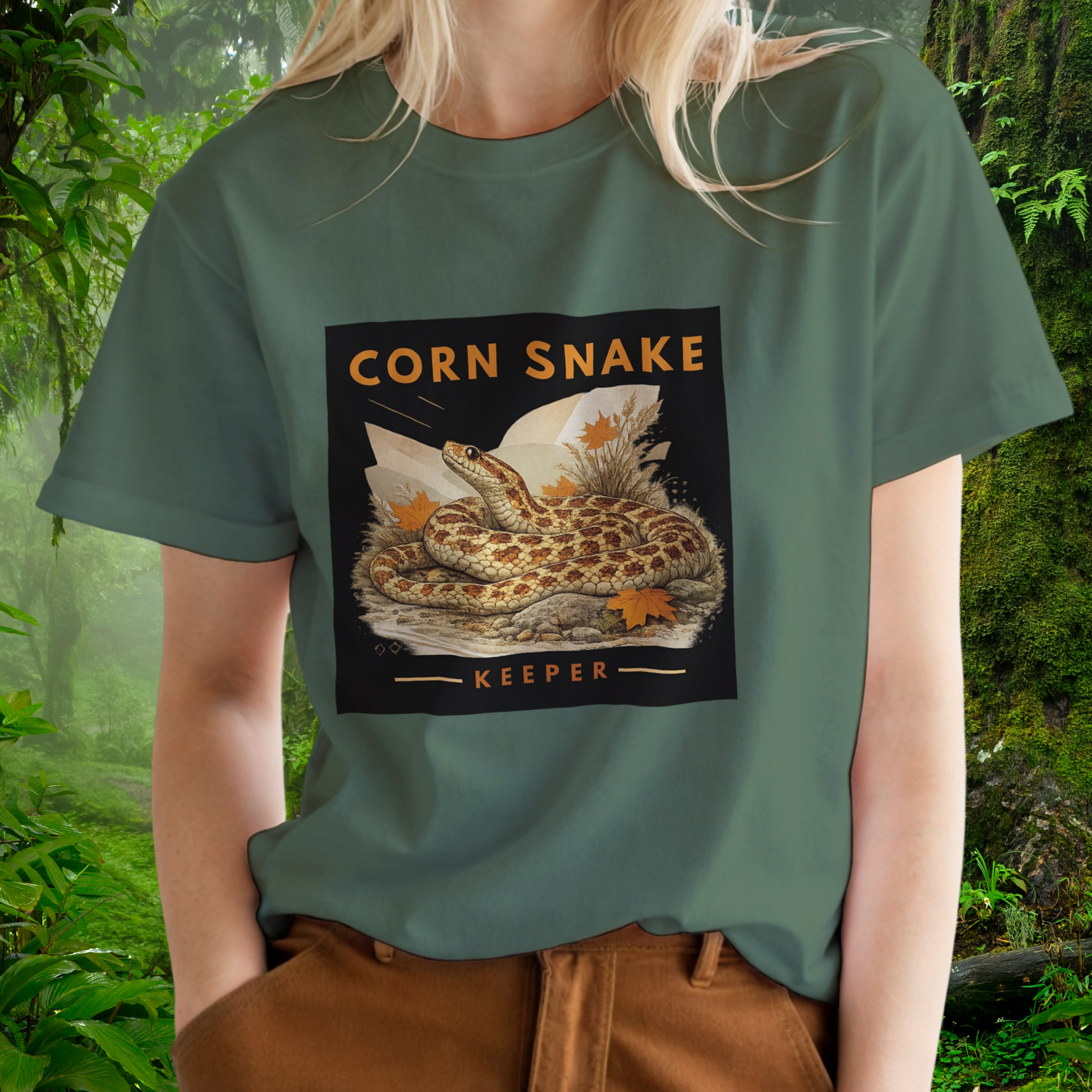 Woman wearing a military green Corn Snake shirt from the Keeper Collection