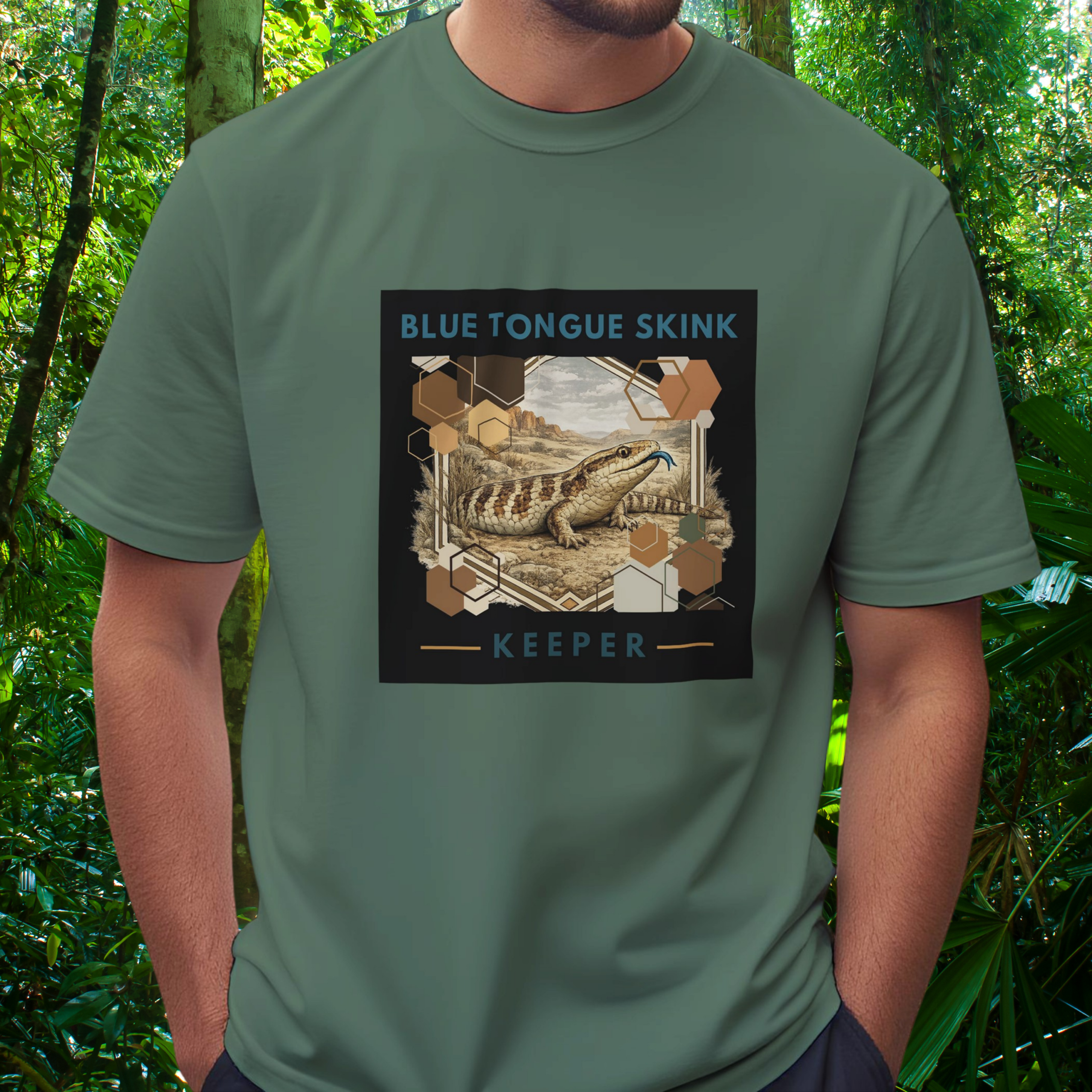Man wearing a military green Blue Tongue Skink shirt from the Keeper Collection