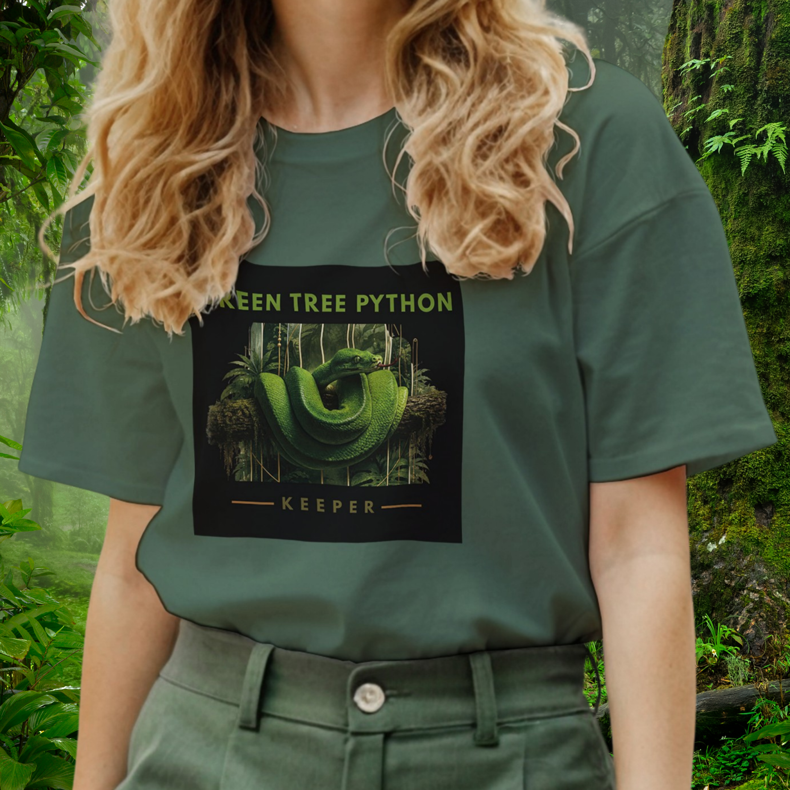 Woman wearing a military green Green Tree Python shirt from the Keeper Collection