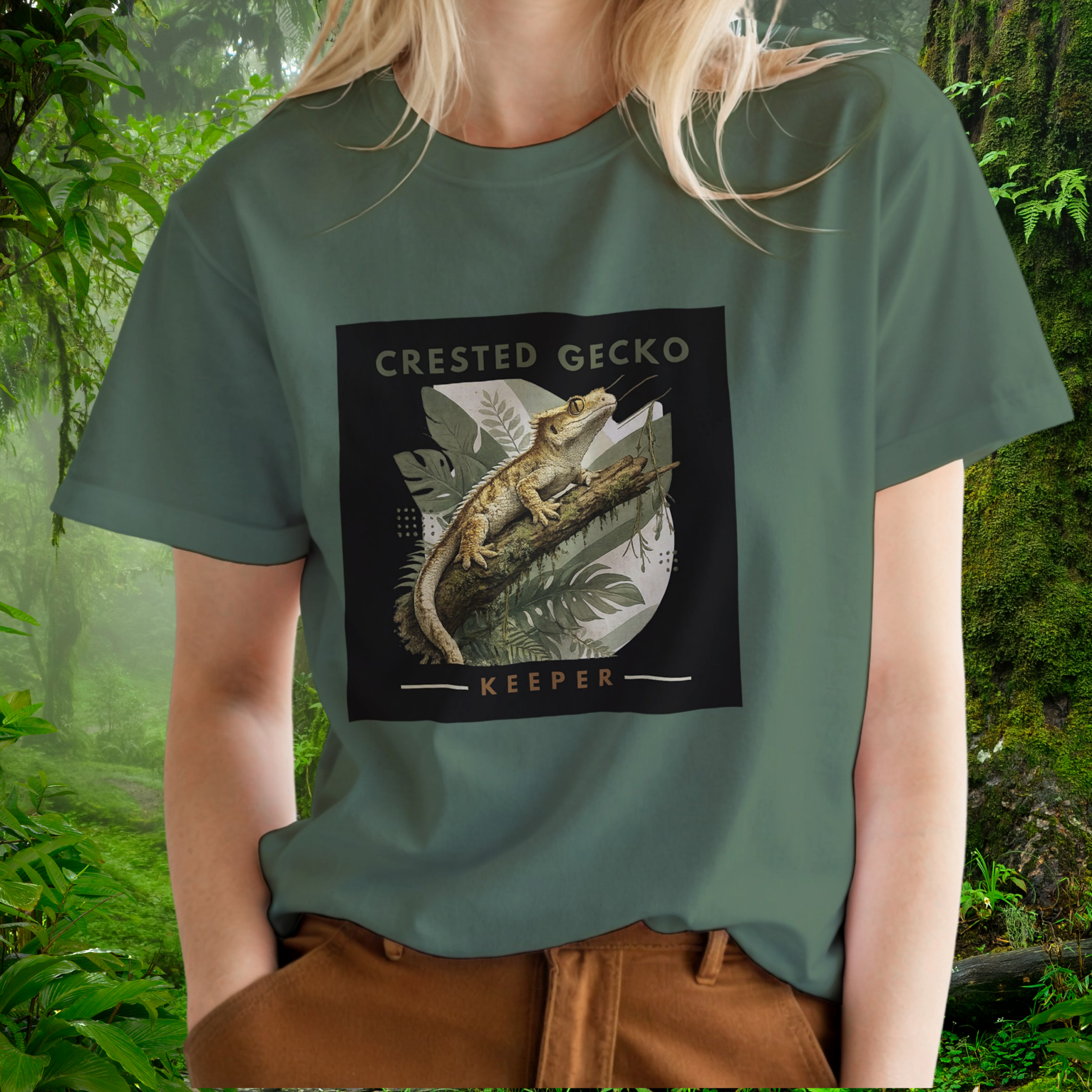 Woman wearing a military green Crested Gecko shirt from the Keeper Collection