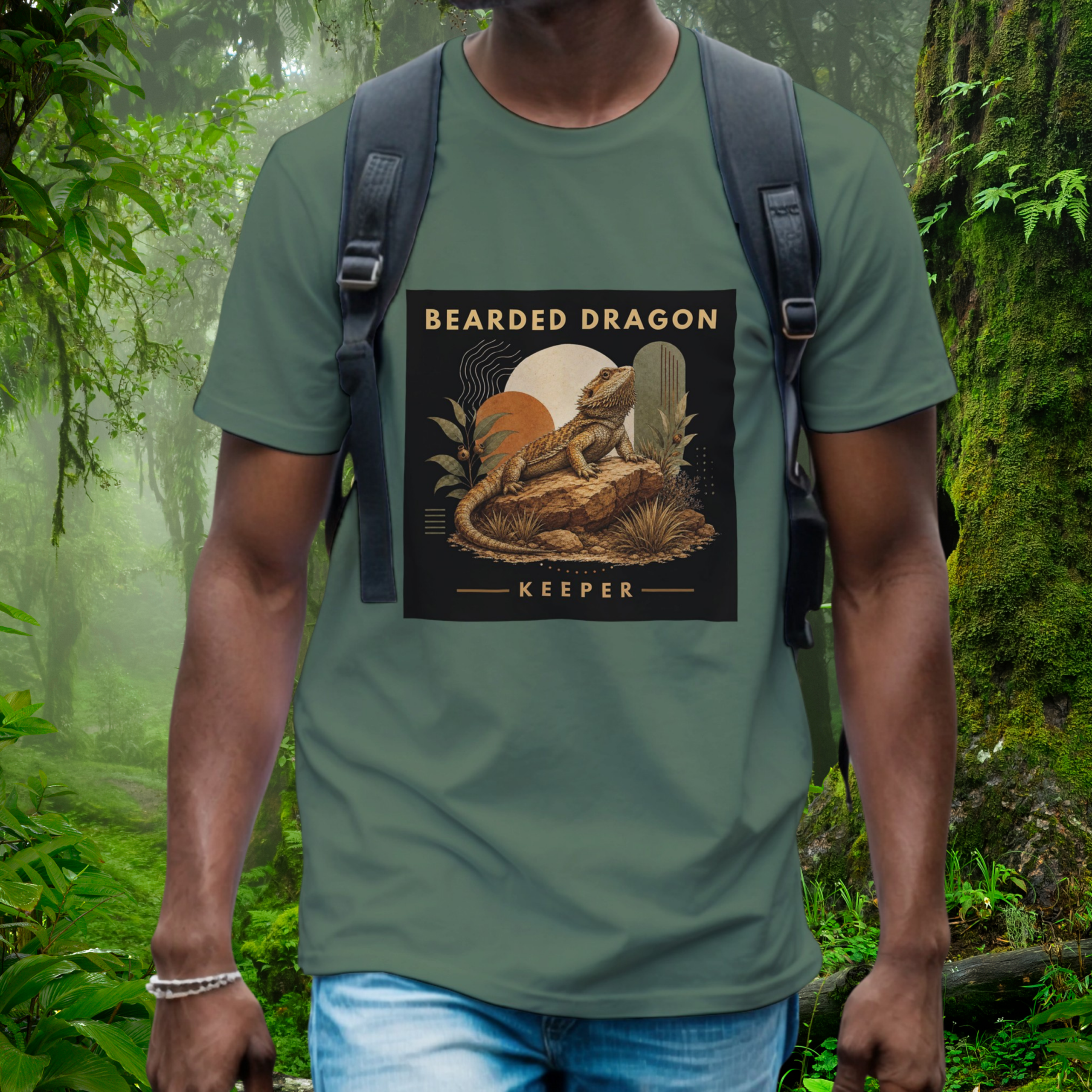 Man wearing a military green Bearded Dragon shirt from the Keeper Collection