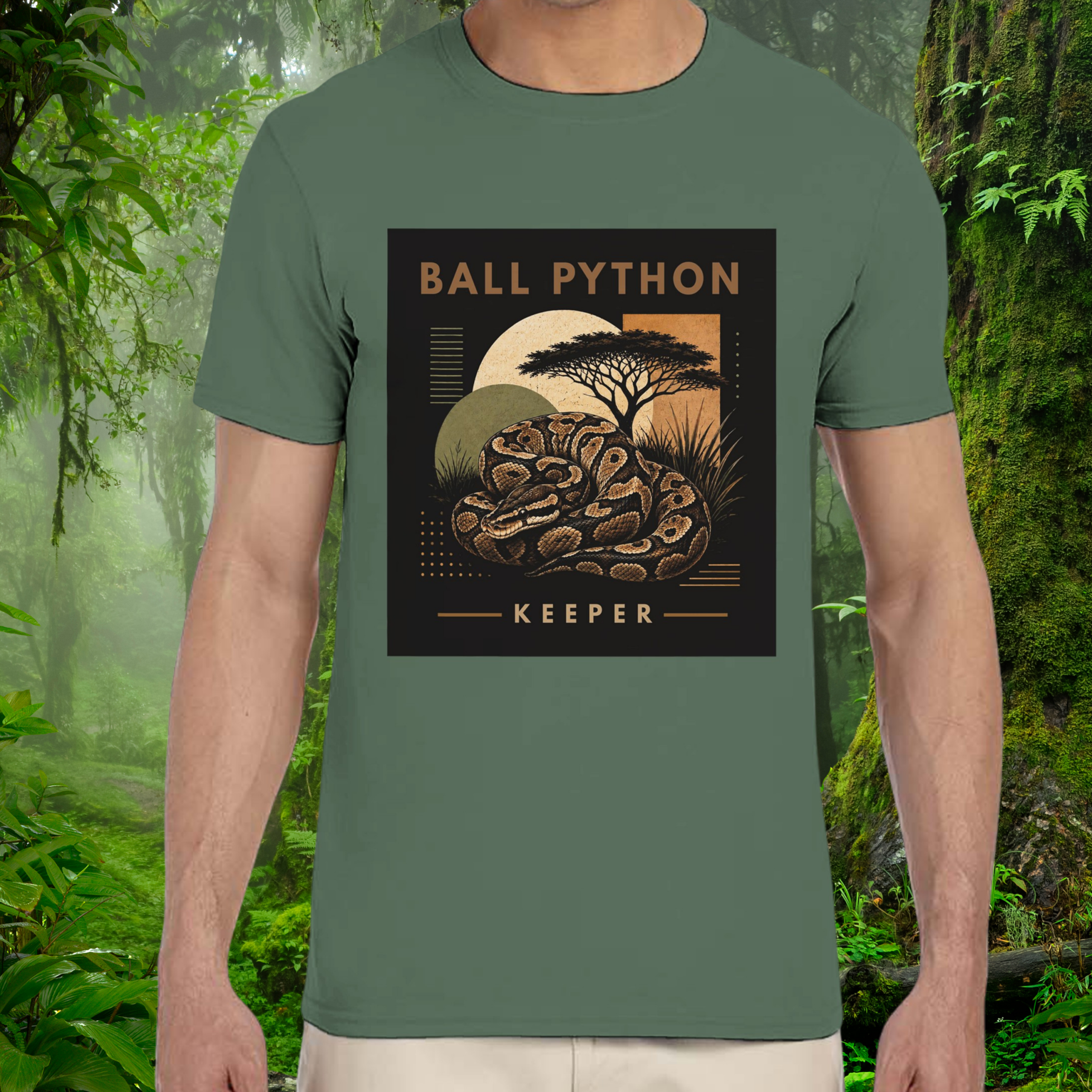 Man wearing a military green Ball Python shirt from the Keeper Collection