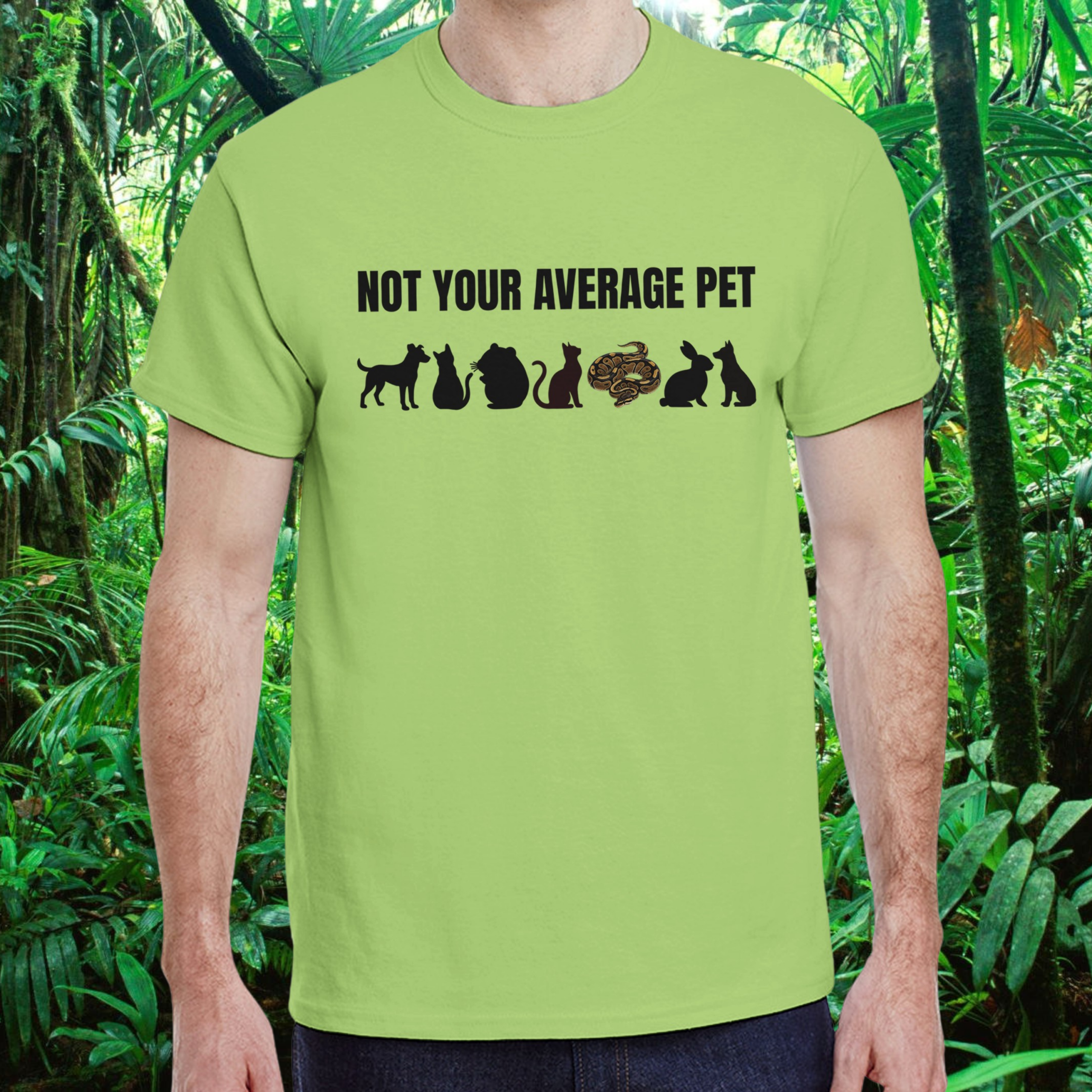 Man wearing a kiwi Not Your Average Pet Ball Python shirt