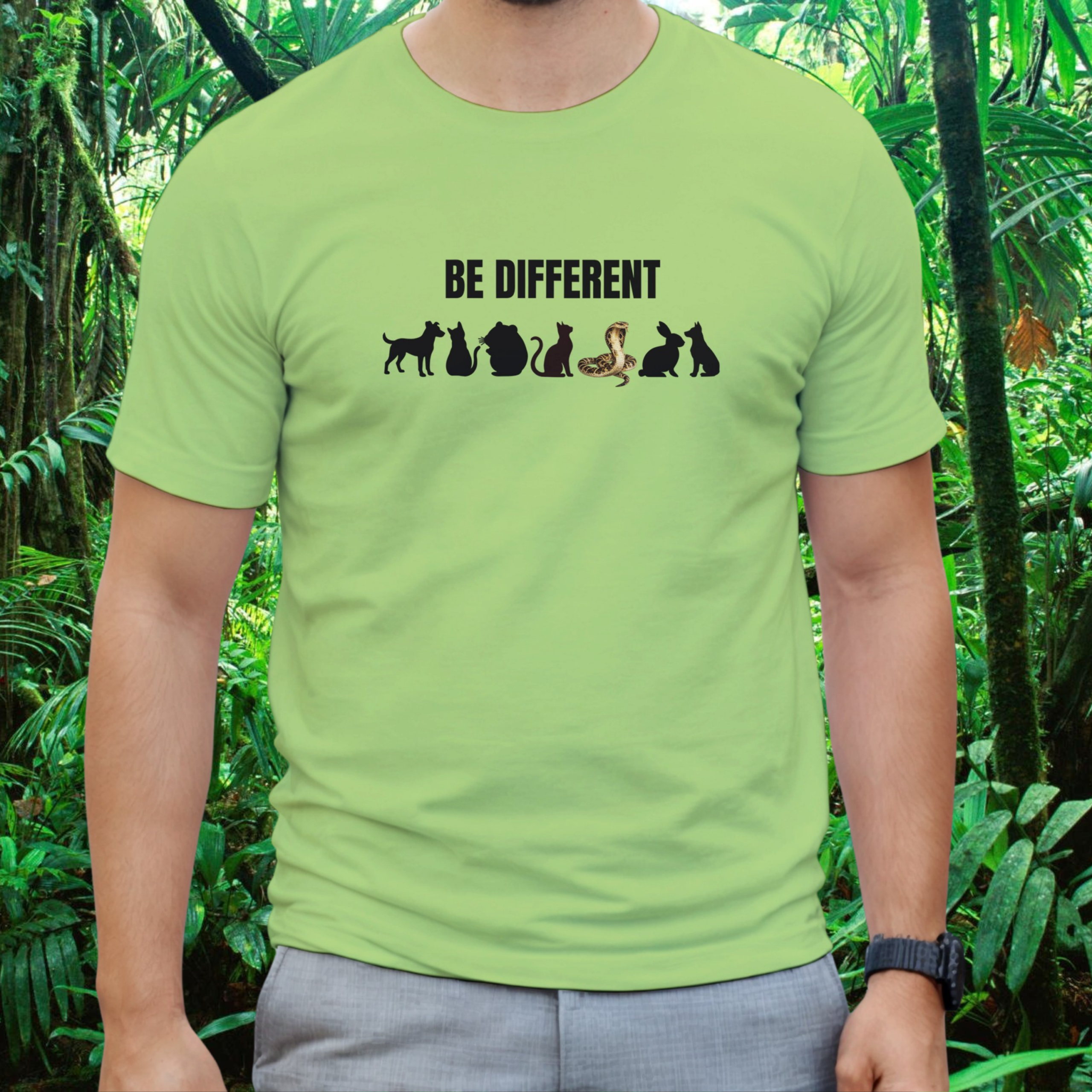 Man wearing a kiwi Be Different Snake shirt