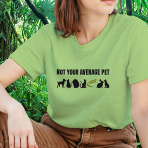 Woman wearing a kiwi Not Your Average Pet Gecko shirt