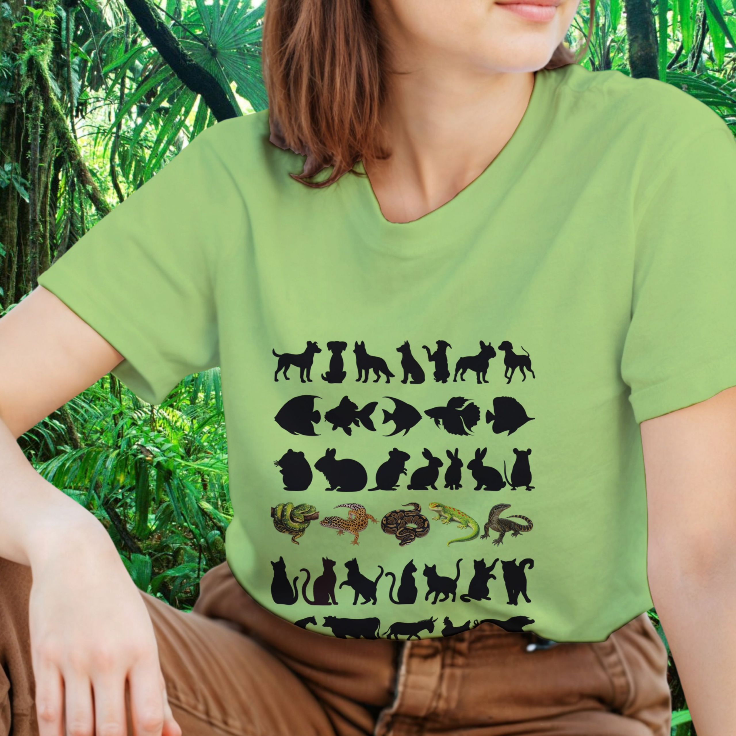 Woman wearing a kiwi Not Your Average Pet shirt